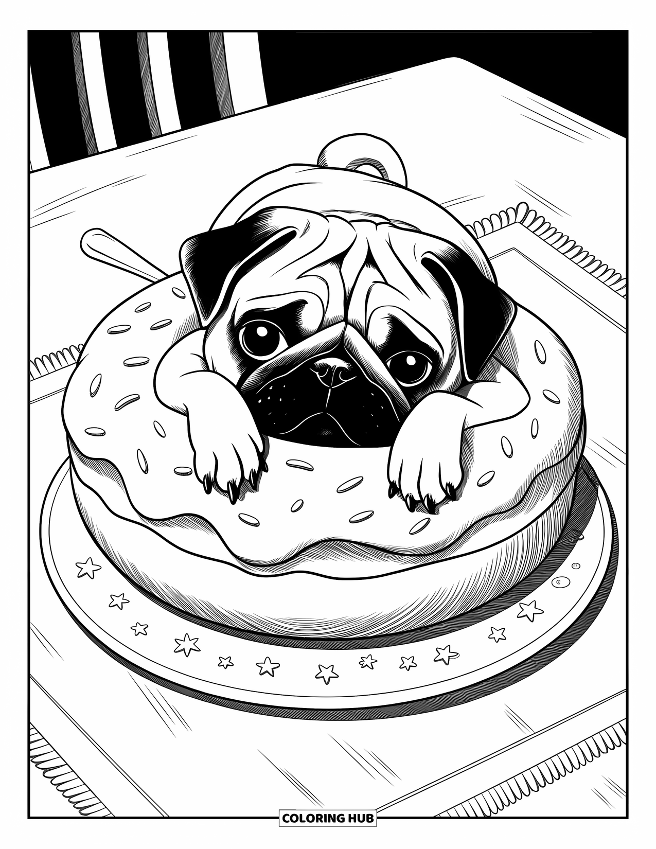 Desenho de Pug para Colorir para Adultos: Um pug gordinho relaxa dentro de um donut gigante, colocado em um prato com pequenas decorações