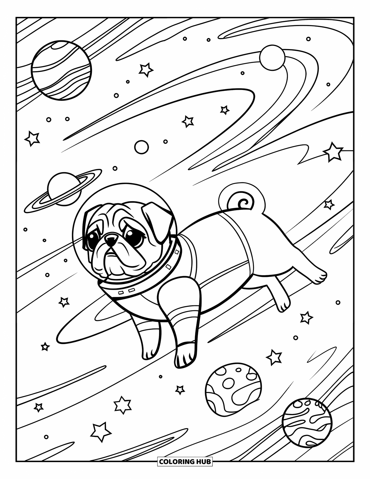 Desenho de Pug para Colorir para Adultos: Um pug cósmico flutua no espaço, cercado por galáxias, estrelas e nebulosas rodopiantes