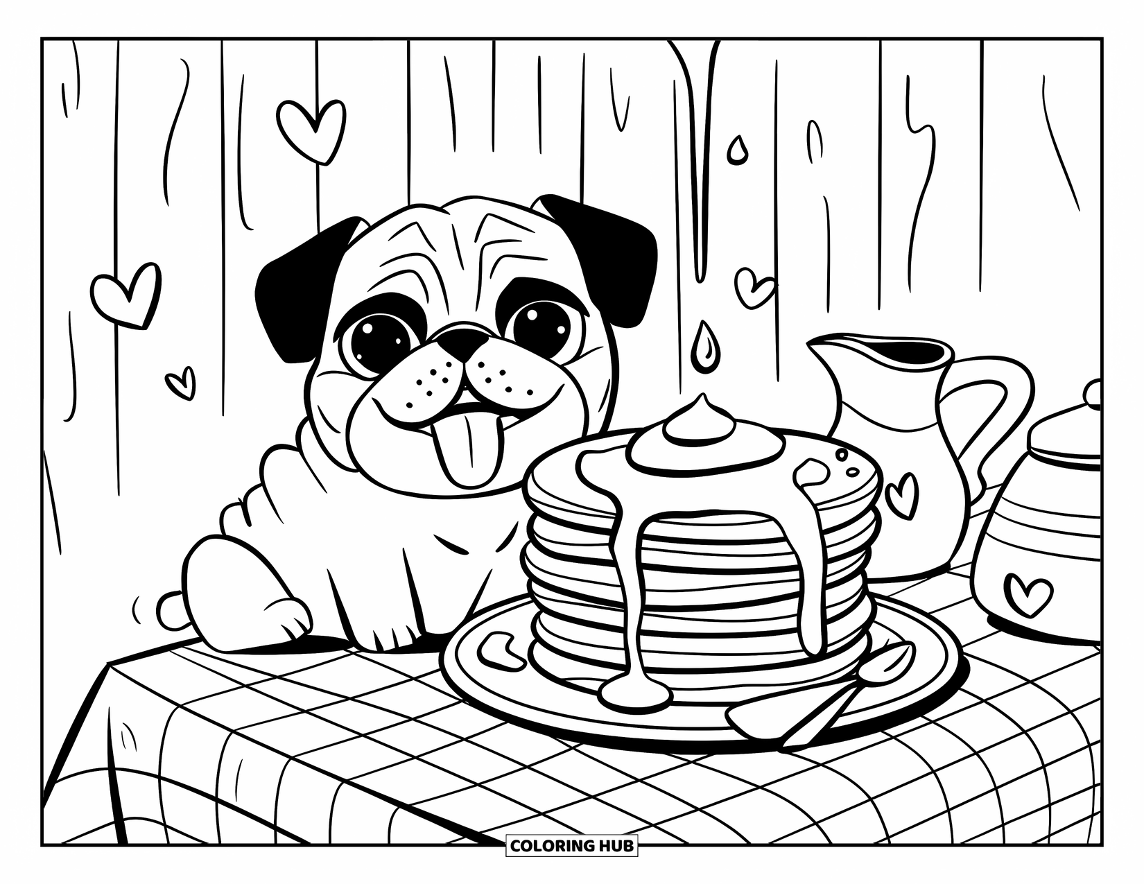Desenho de Pug para Colorir para Adultos: Um pug aconchegante desfruta de um prato de panquecas, com um bule de chá e uma toalha de mesa quadriculada por perto