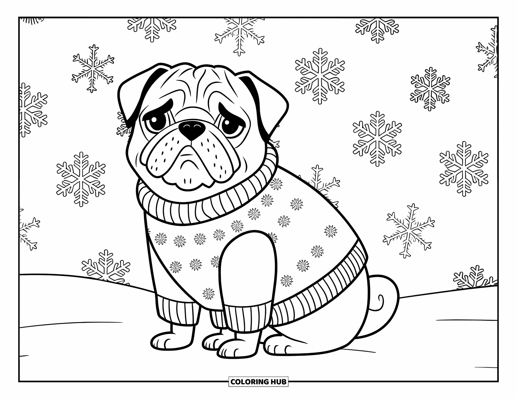 Desenho de Pug para Colorir para Adultos: Um pug aconchegante usa um suéter de inverno enquanto está sentado em um chão nevado com flocos de neve delicados