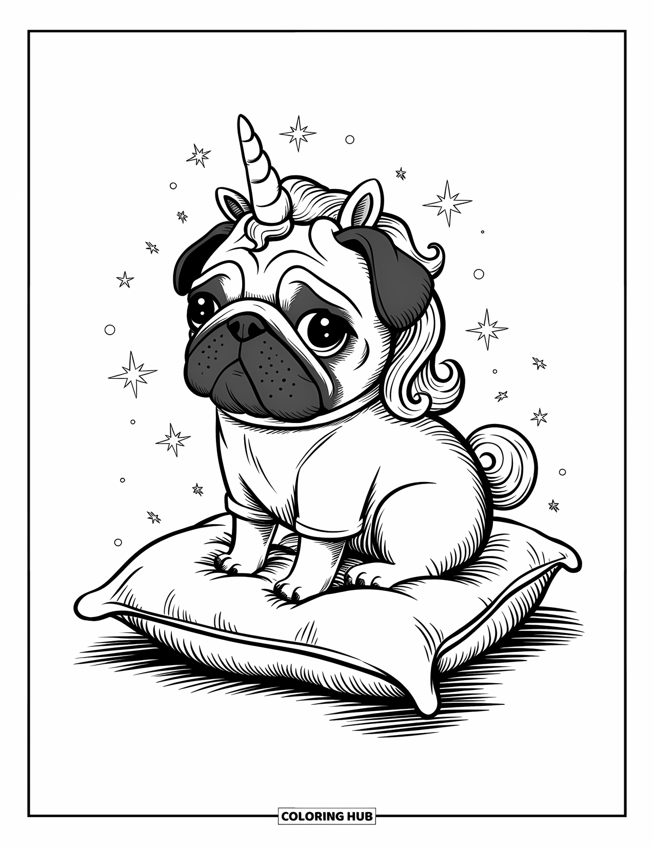 Desenho de Pug para Colorir para Adultos: Um pug fofo vestido como um unicórnio está sentado em um travesseiro fofo, cercado por brilhos estrelados