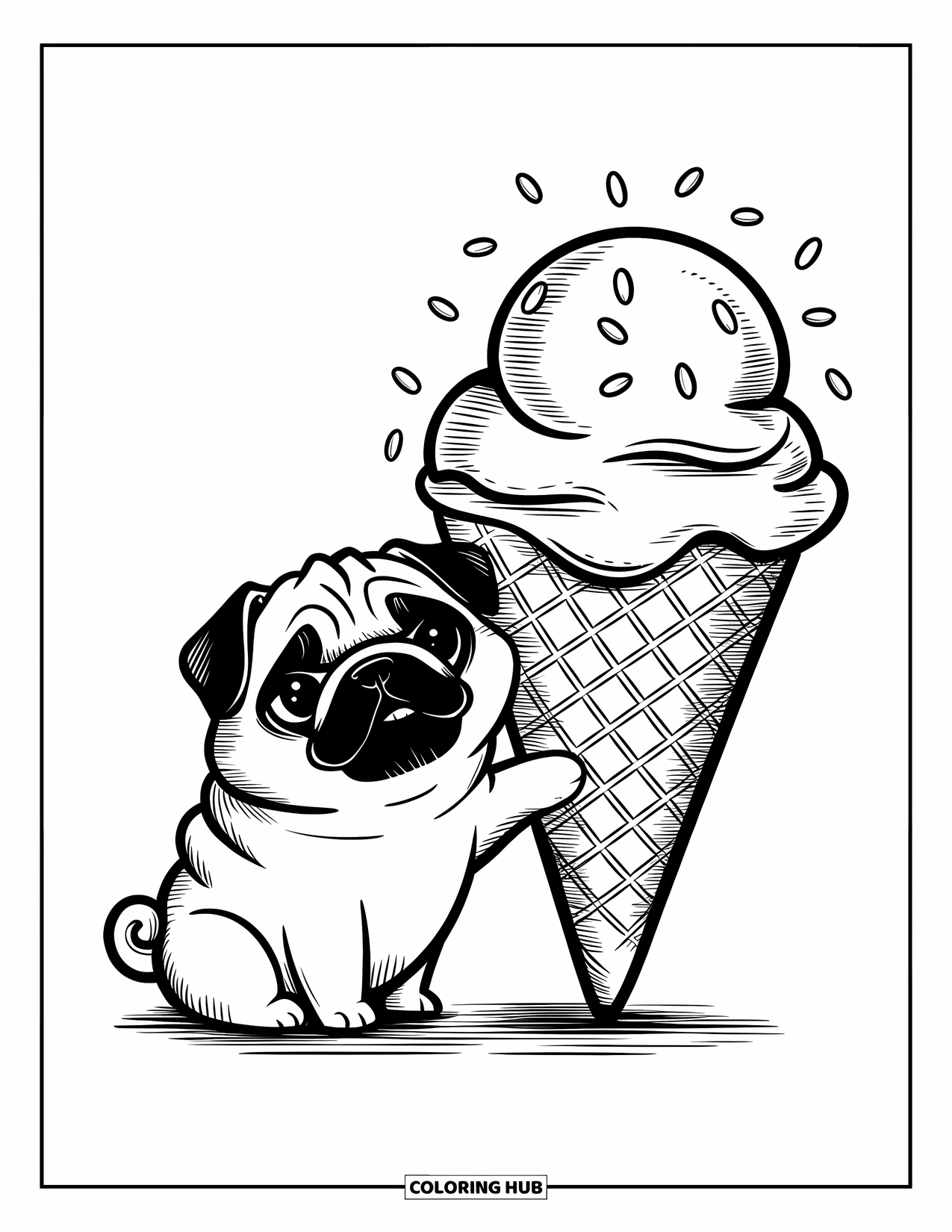 Desenho de Pug para Colorir para Adultos: Um pug feliz apoia uma pata em um cone de sorvete gigante com um padrão de waffle ondulado