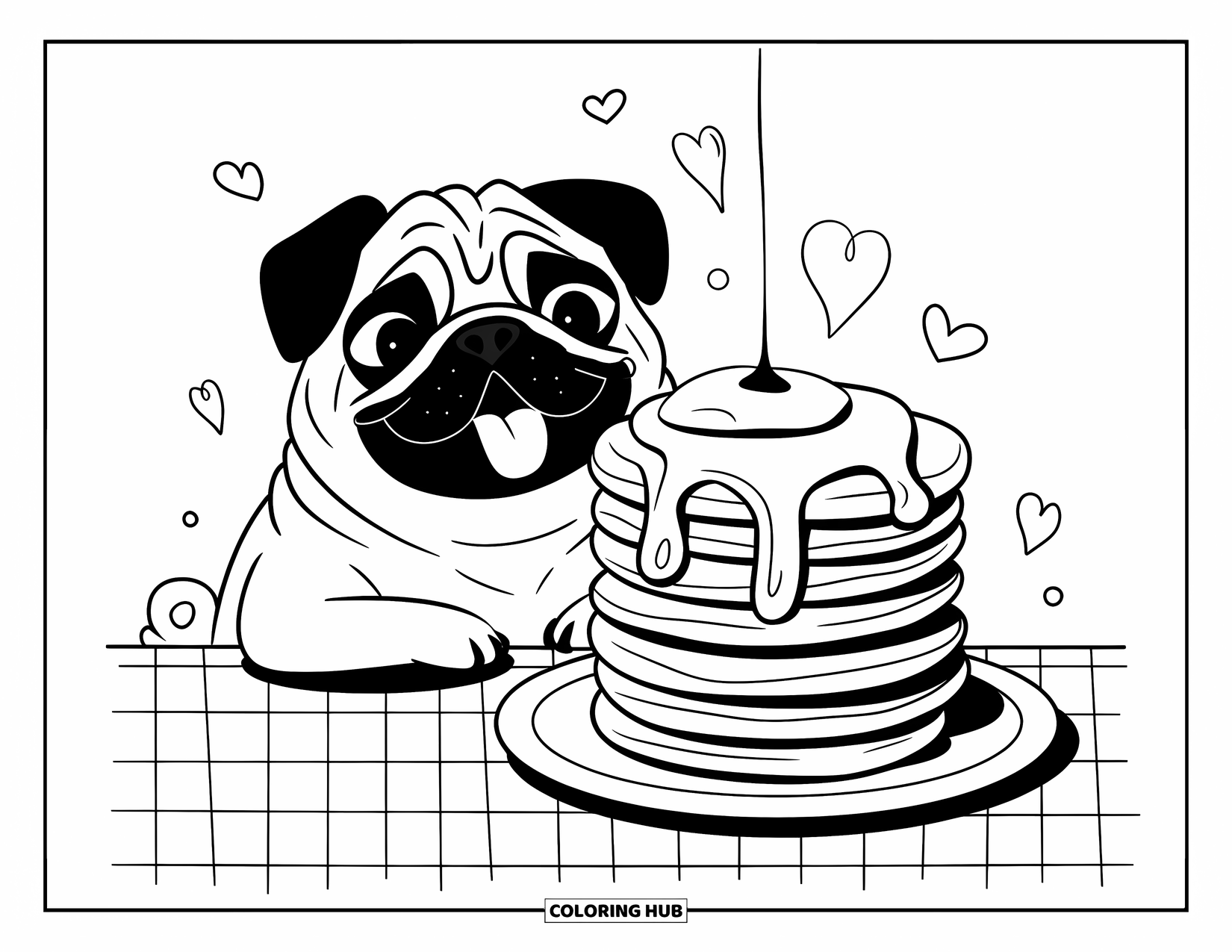 Desenho de Pug para Colorir para Adultos: Um pug feliz repousa as patas em um prato de panquecas, cercado por corações flutuantes