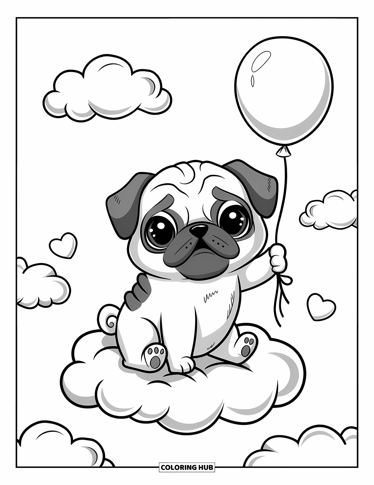Desenho de Pug para Colorir para Adultos: Um pug kawaii descansa em uma nuvem fofa, segurando um balão enquanto pequenos corações flutuam por perto