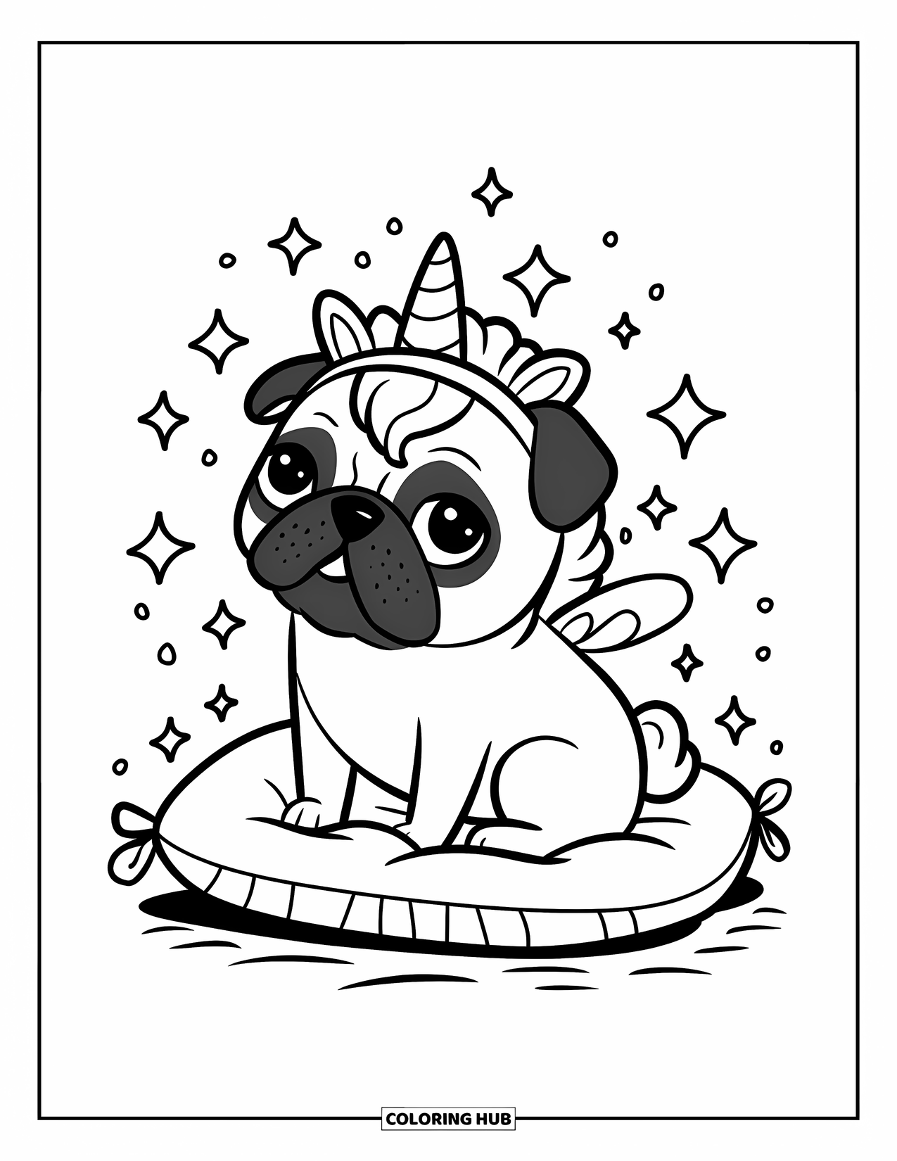 Desenho de Pug para Colorir para Adultos: Um pug mágico com um chifre de unicórnio e asas está sentado em um travesseiro fofo, cercado por brilhos