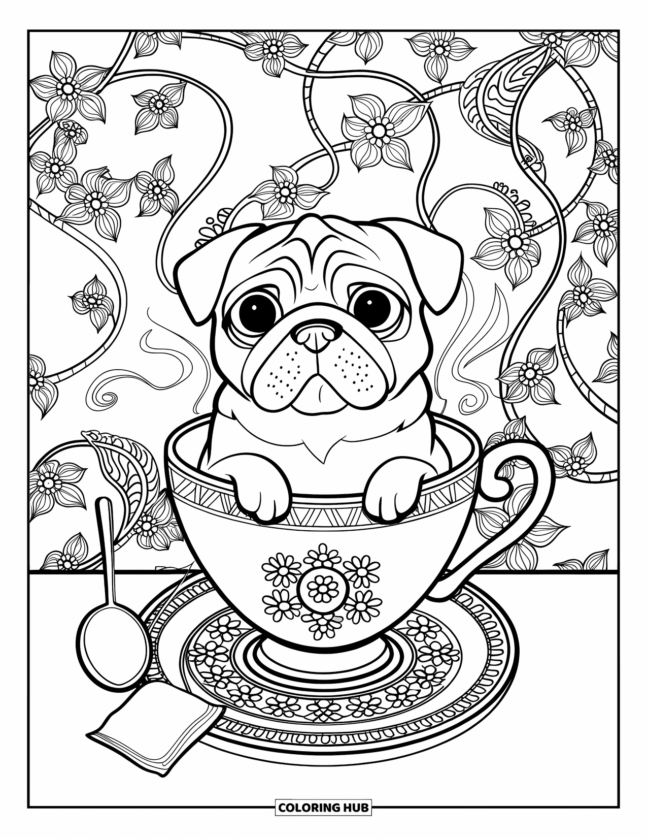 Desenho de Pug para Colorir para Adultos: Um pug brincalhão espreita de uma elegante xícara de chá, cercado por vapor, flores e um saquinho de chá