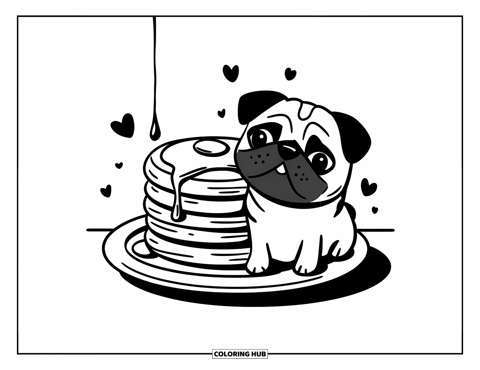 Desenho de Pug para Colorir para Adultos: Um pug brincalhão está sentado perto de uma pilha de panquecas, observando o xarope escorrer