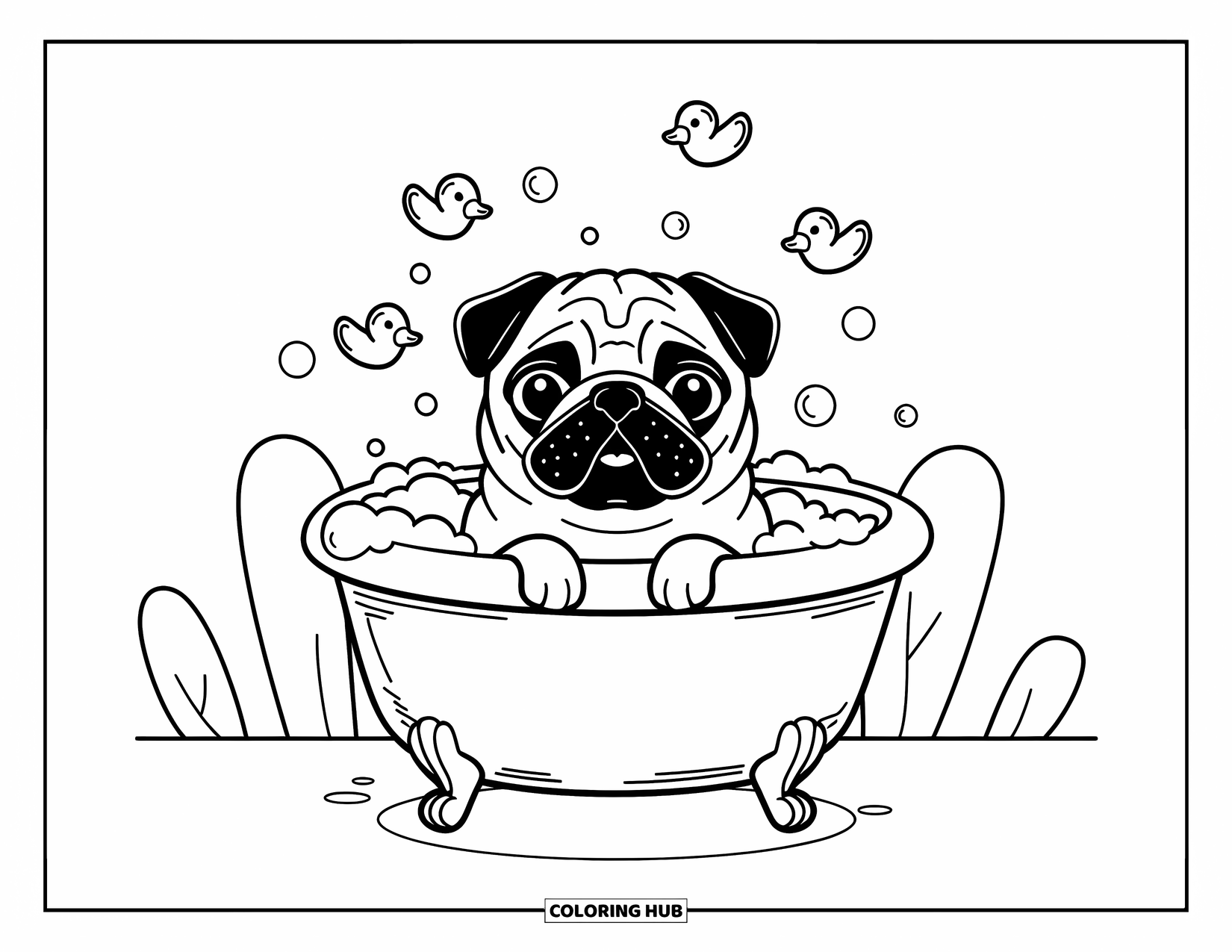 Desenho de Pug para Colorir para Adultos: Um pug está sentado em um banho borbulhante, apoiando as patas na borda da banheira