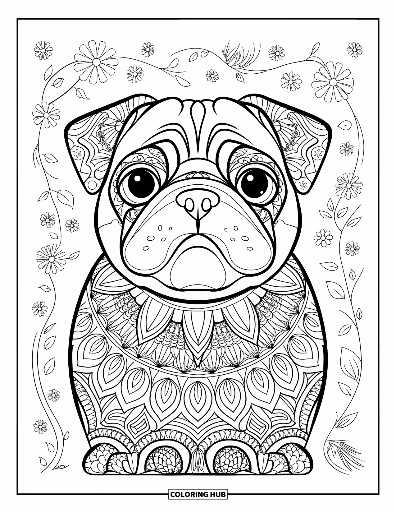 Desenho de Pug para Colorir para Adultos: O rosto expressivo de um pug é adornado com intrincados padrões de mandala e cercado por flores