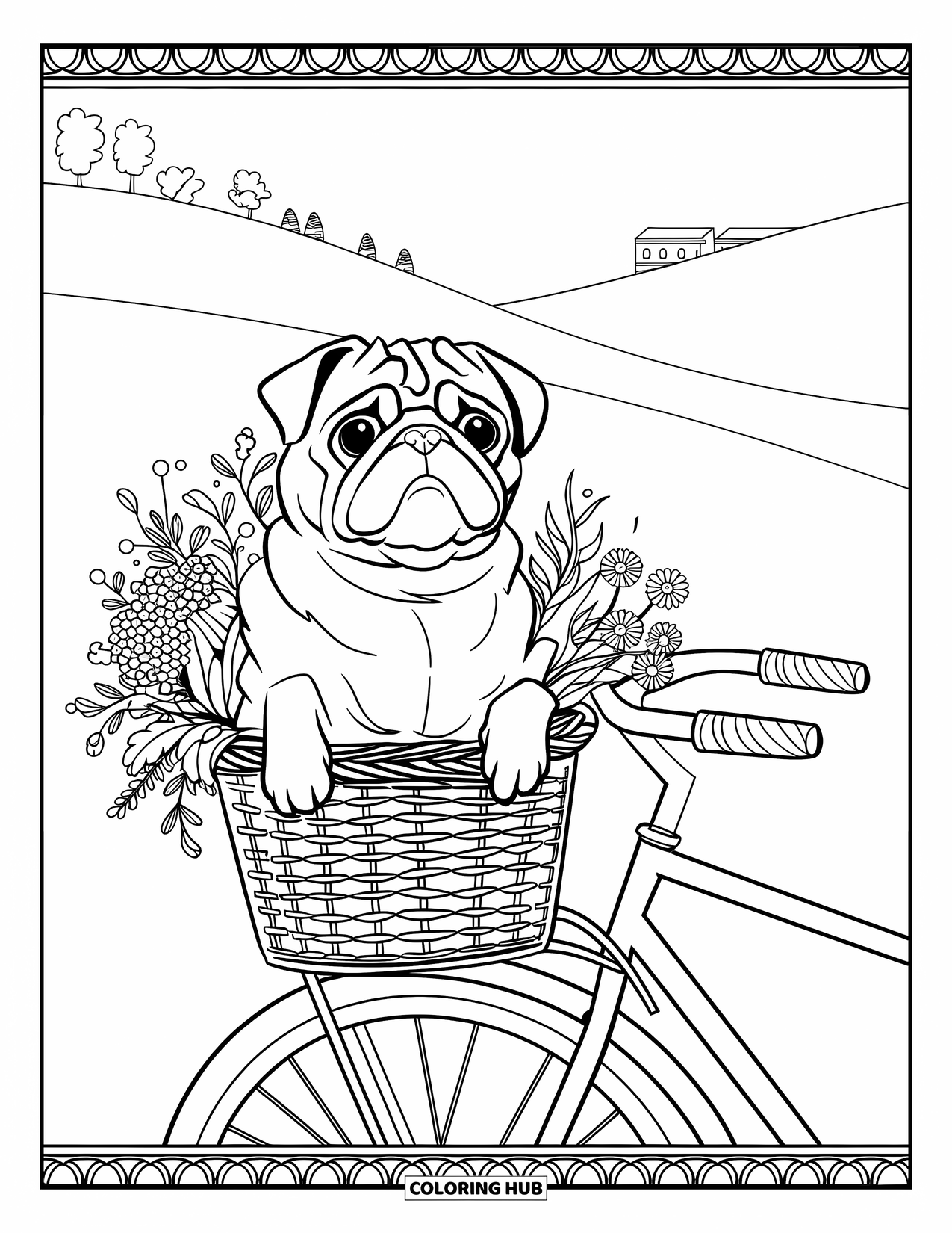 Desenho de Pug para Colorir para Adultos: Um pug relaxado descansa em uma cesta de bicicleta cheia de flores, com colinas ondulantes atrás
