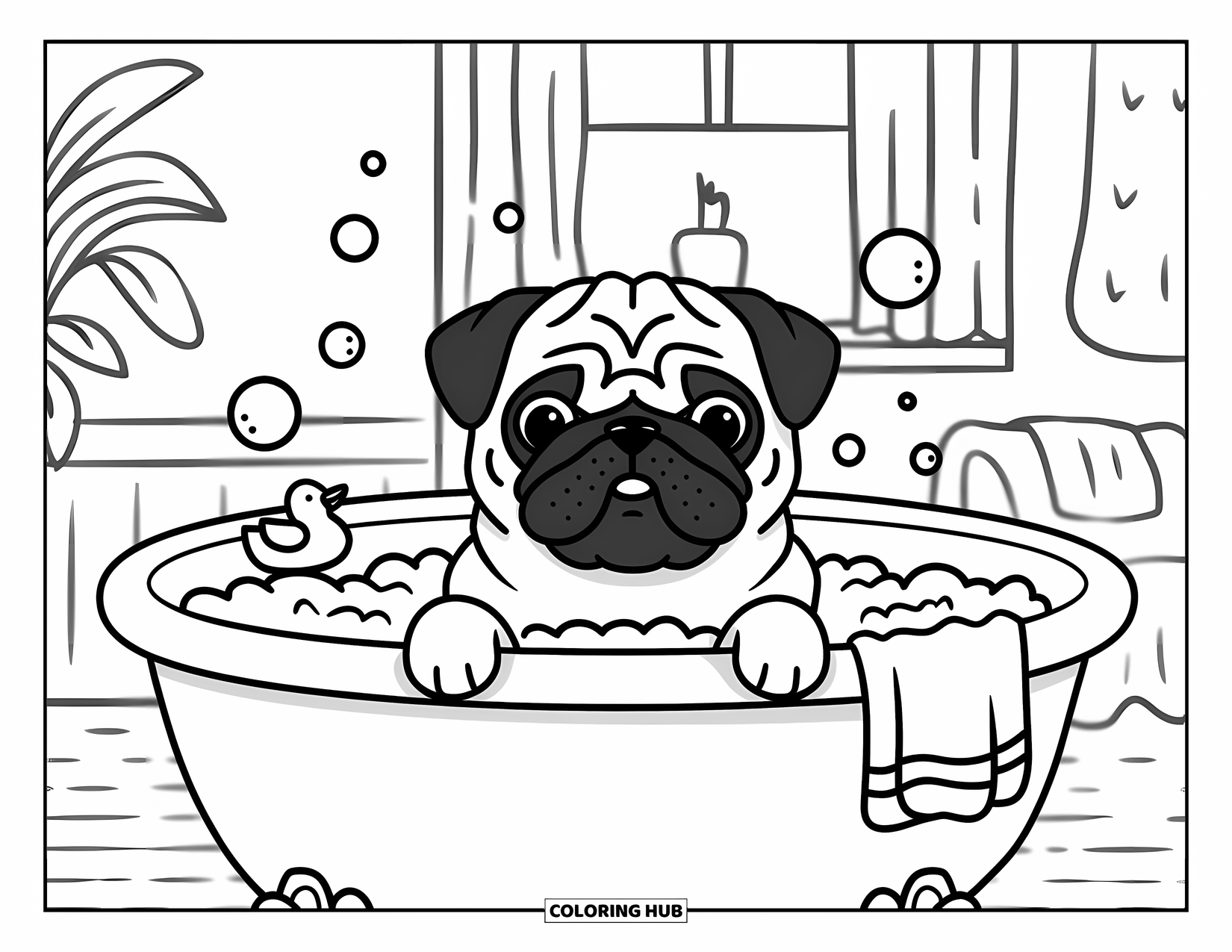 Desenho de Pug para Colorir para Adultos: Um pug relaxado toma um banho de espuma, cercado por patinhos de borracha e bolhas flutuantes