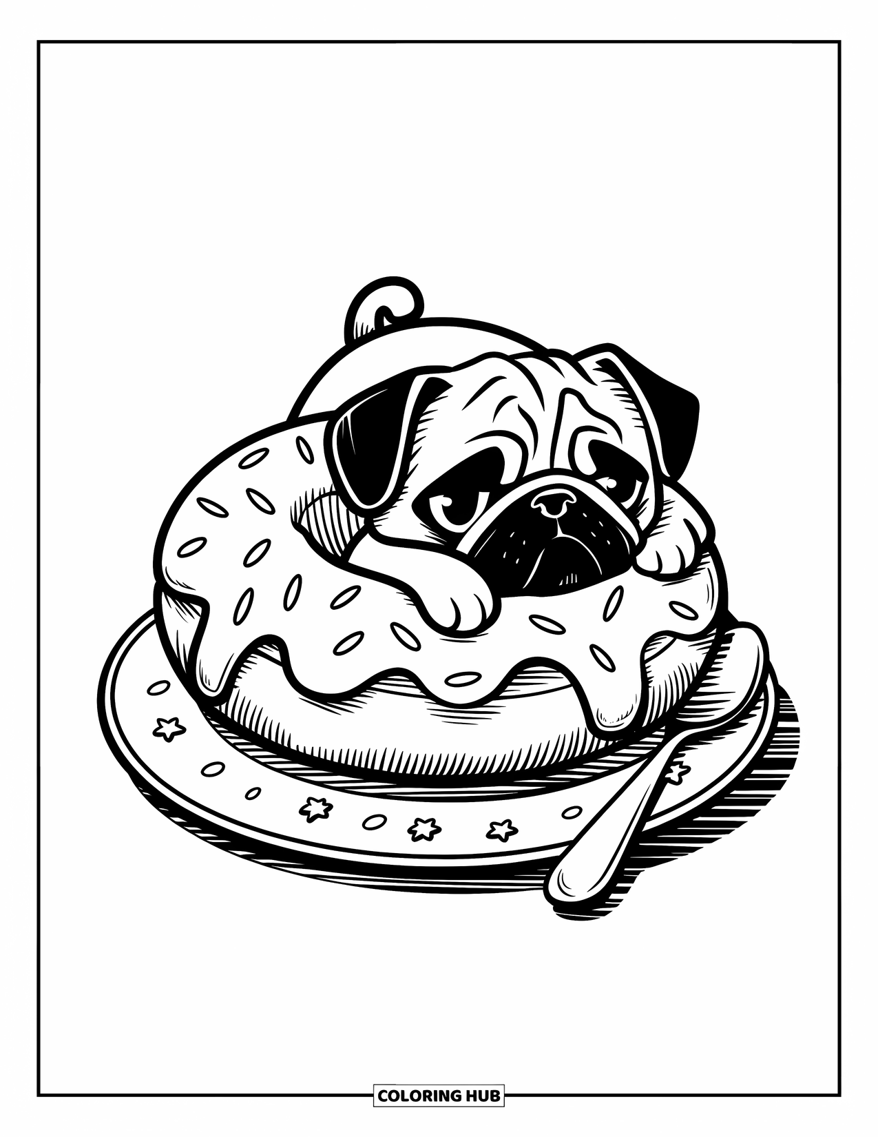 Desenho de Pug para Colorir para Adultos: Um pug sonolento descansa no centro de um donut gigante, com suas pequenas patas penduradas na borda