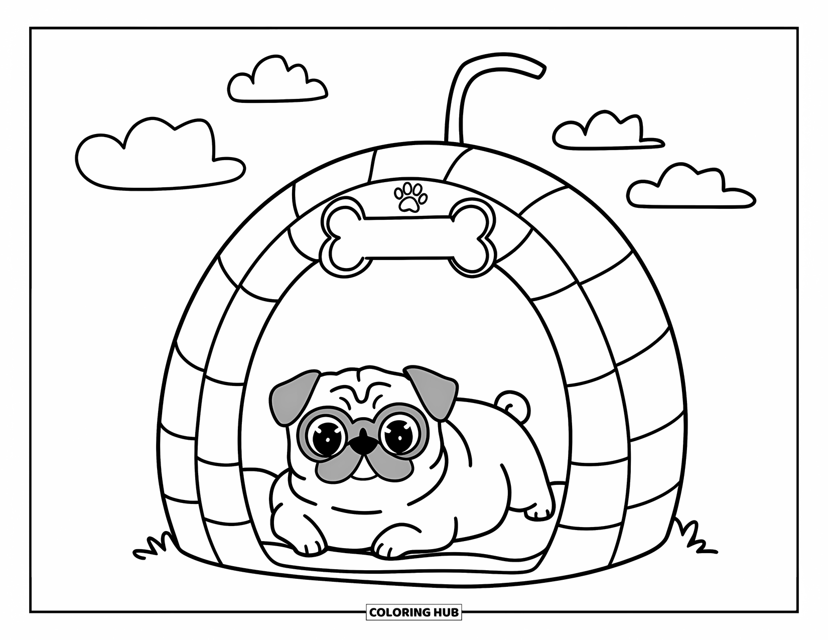 Desenho de Pug para Colorir para Adultos: Um pug aconchegado está dentro de uma casinha de cachorro redonda, cercado por nuvens em forma de coração