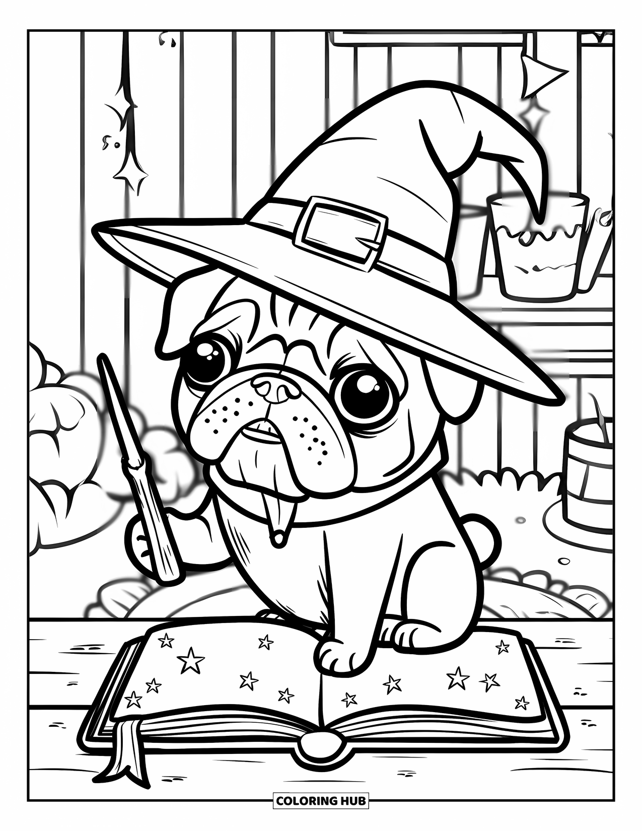 Desenho de Pug para Colorir para Adultos: Um pequeno pug vestido como um mago segura uma varinha mágica ao lado de um livro de feitiços aberto