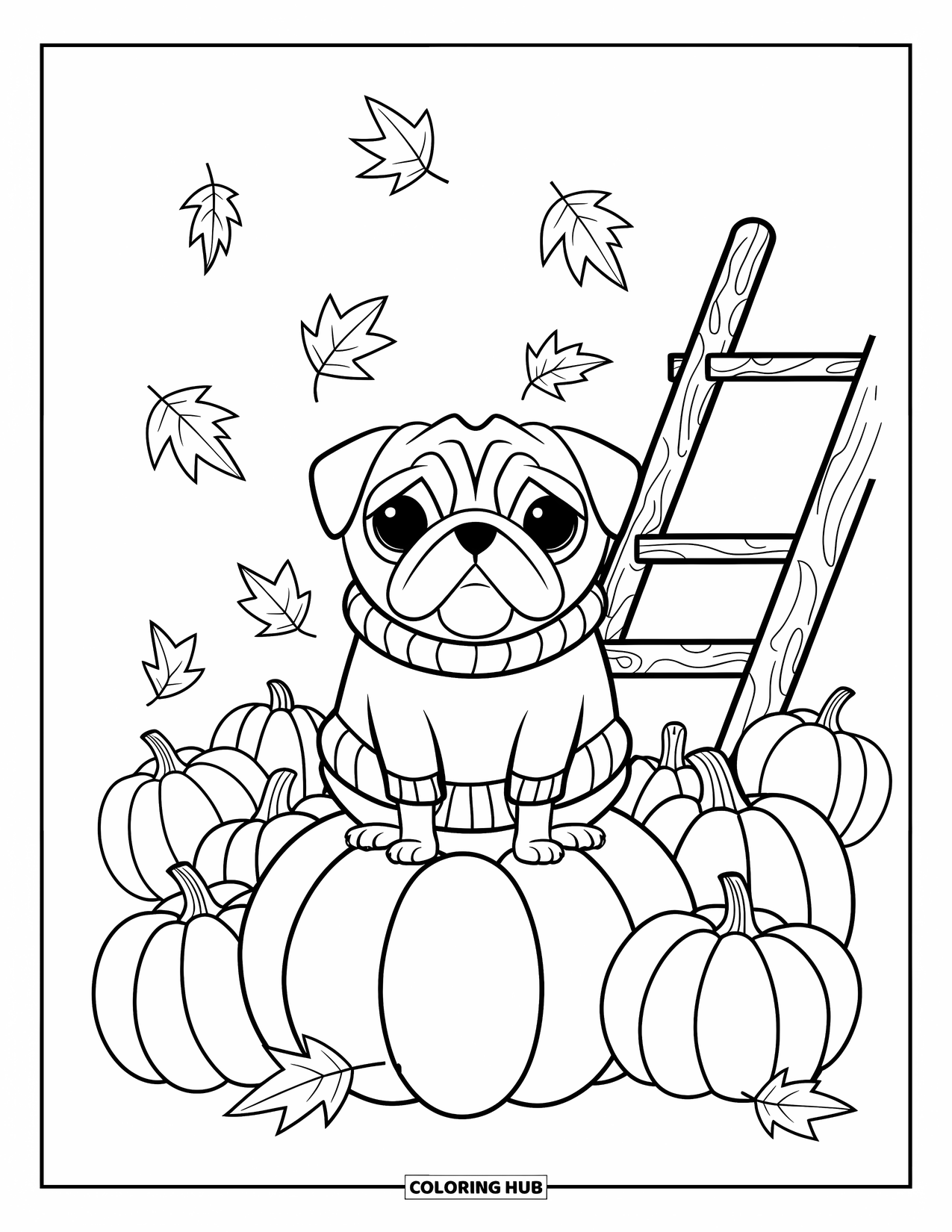Desenho de Pug para Colorir para Adultos: Um pug quentinho em um suéter senta-se entre abóboras enquanto folhas de outono caem suavemente