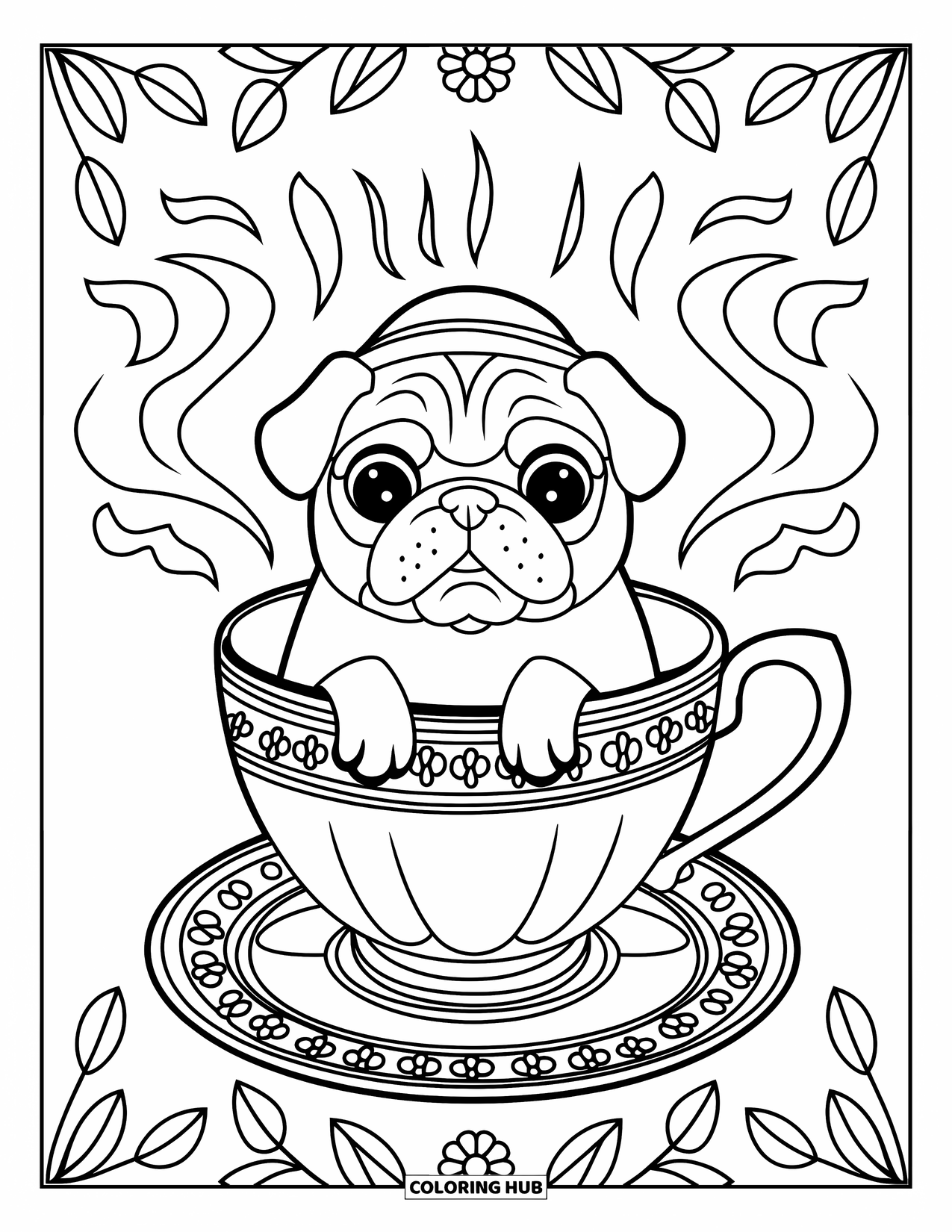 Desenho de Pug para Colorir para Adultos: Um pug extravagante senta-se dentro de uma xícara de chá ornamentada, usando um chapéu minúsculo com vapor rodopiando ao redor