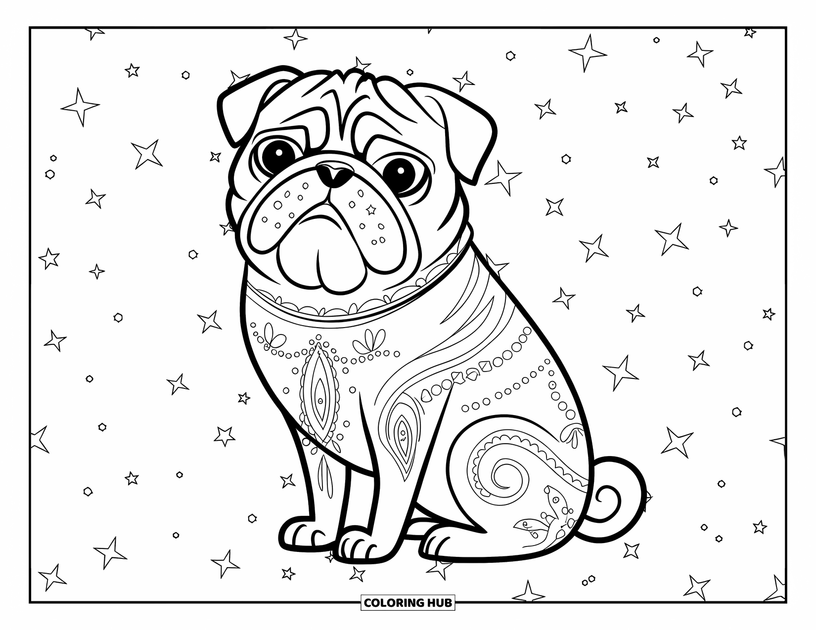 Desenho de Pug para Colorir para Adultos: Um pug ornamentado com detalhes paisley senta-se em um fundo texturizado com padrões espalhados