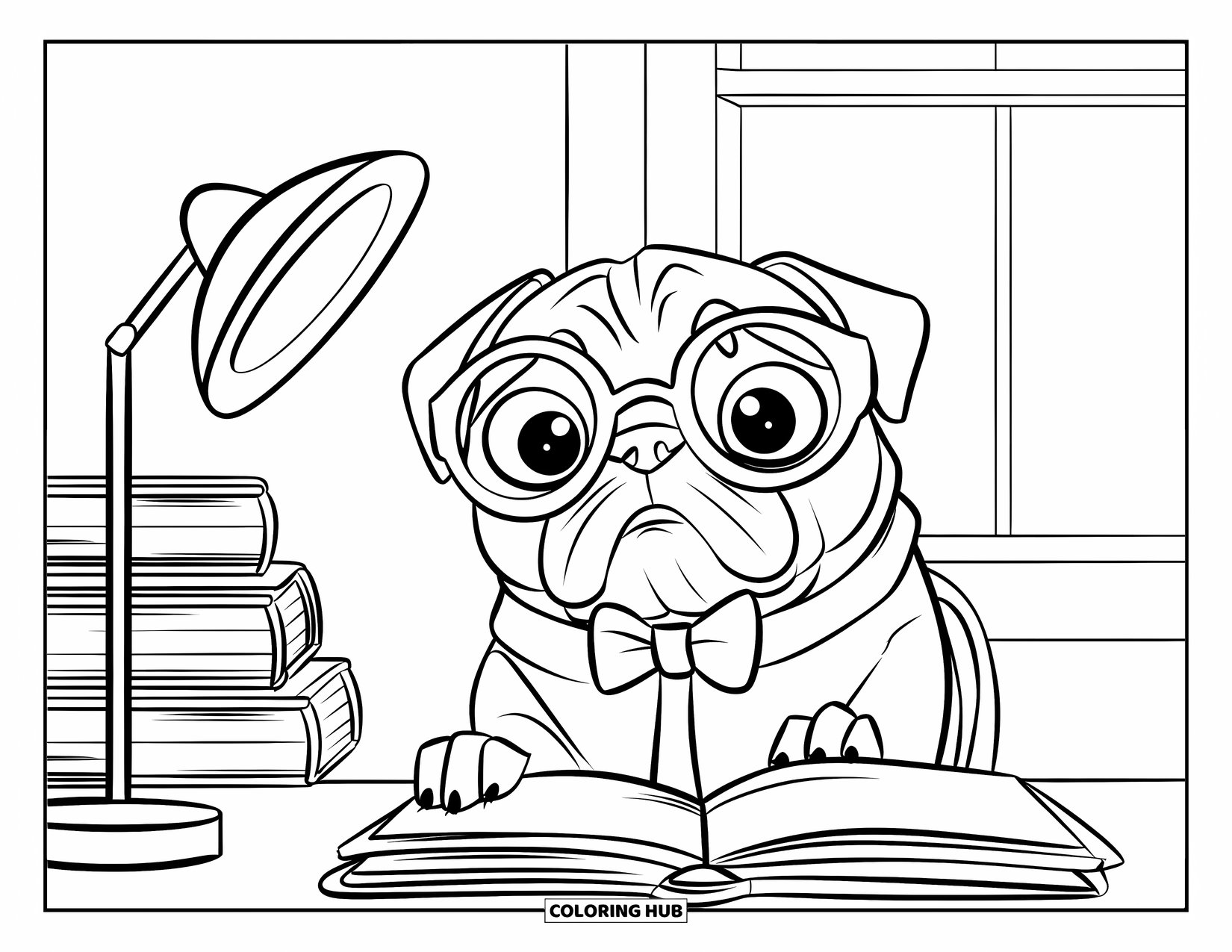 Desenho de Pug para Colorir para Crianças: Um pug estudioso com óculos e uma gravata borboleta está sentado em uma mesa com uma lâmpada e livros