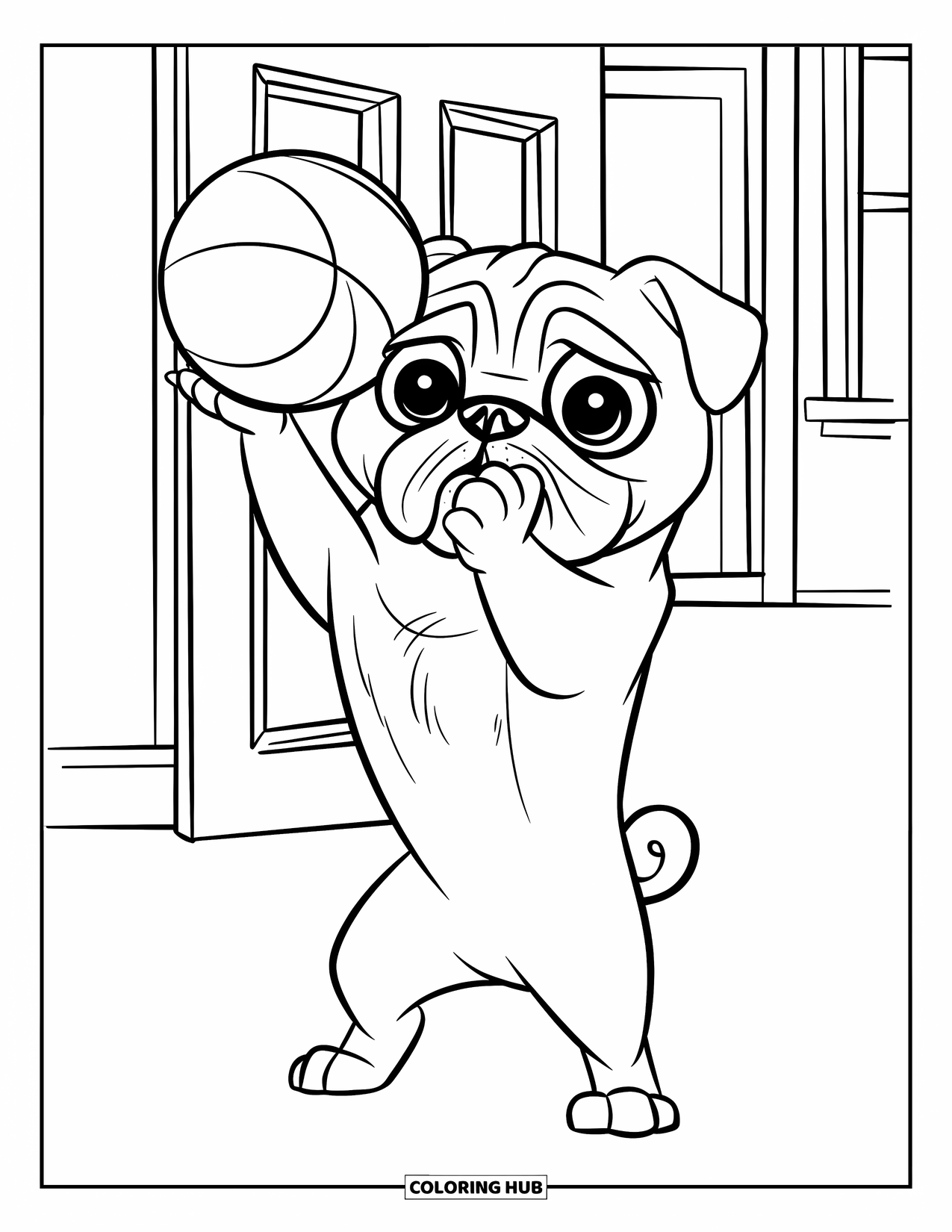 Desenho de Pug para Colorir para Crianças: Um pug charmoso está em pé nas patas traseiras, equilibrando uma bola enquanto parece brincalhão