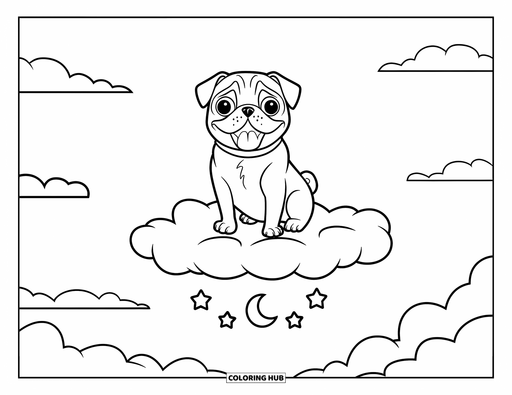 Desenho de Pug para Colorir para Crianças: Um pug alegre com uma coleira flutua em uma nuvem fofa sob um céu estrelado