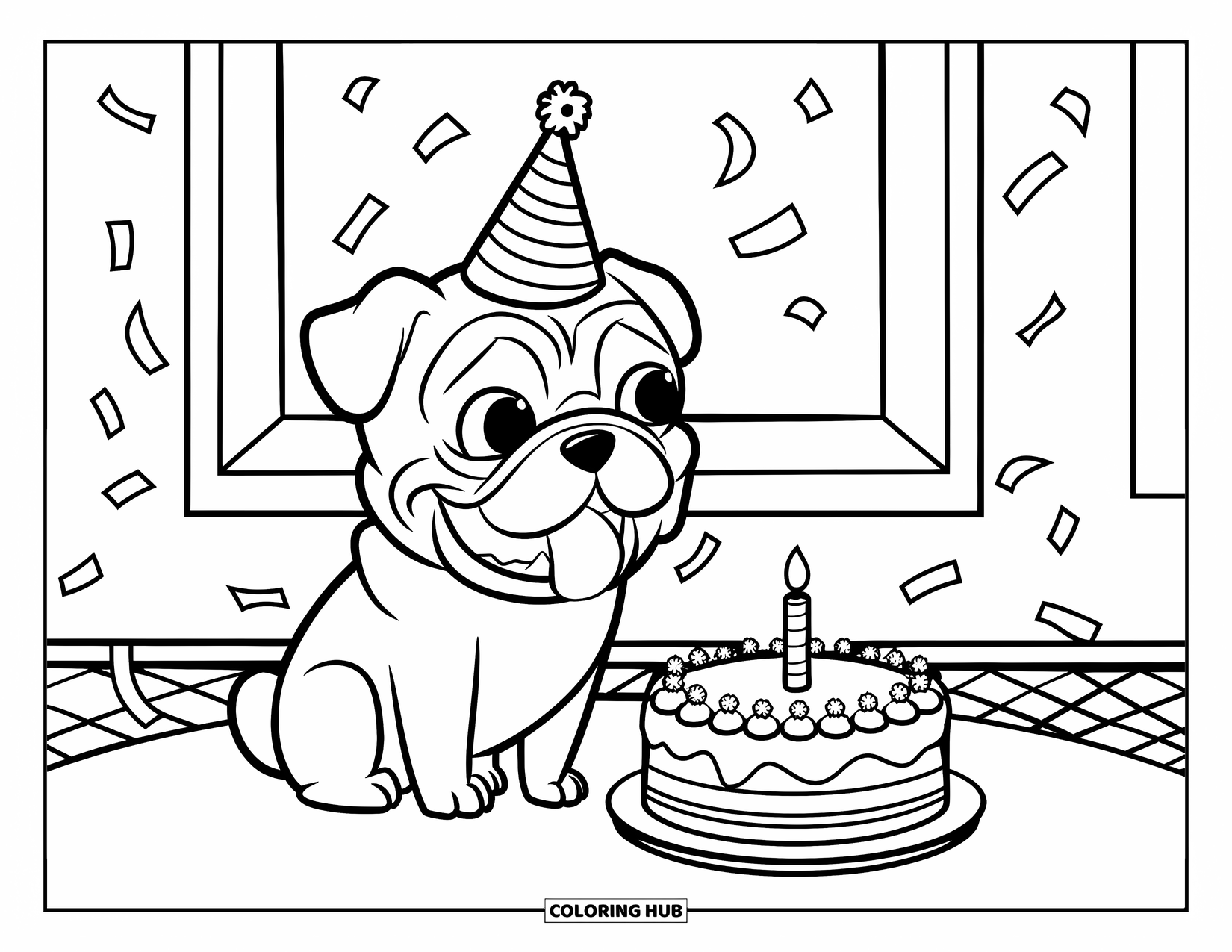 Desenho de Pug para Colorir para Crianças: Um pug alegre com um chapéu de festa está sentado perto de um bolo em um quarto aconchegante com uma janela
