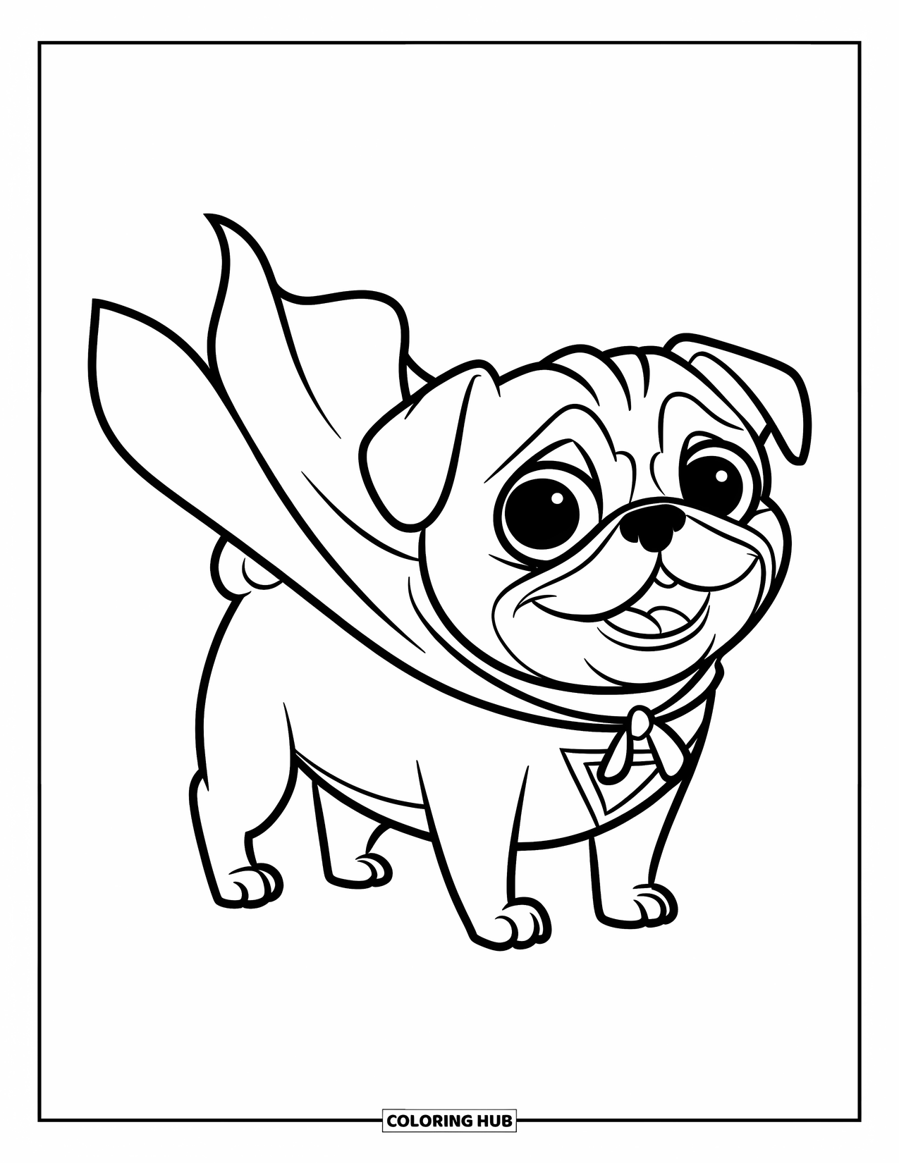 Desenho de Pug para Colorir para Crianças: Um pug alegre com um distintivo de super-herói está em pé, usando uma capa contra um fundo simples