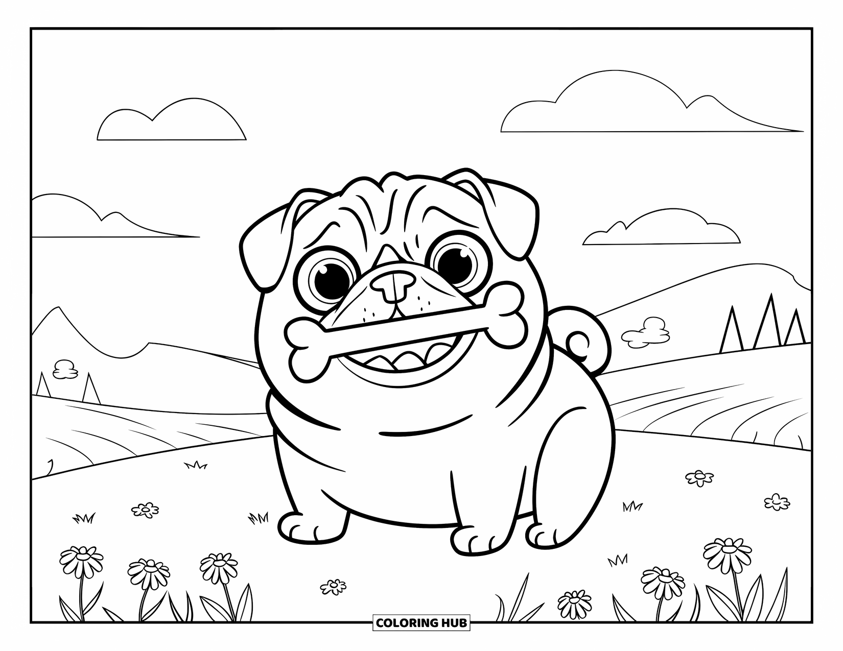Desenho de Pug para Colorir para Crianças: Um pug gordinho com grandes olhos redondos segura um osso enquanto está sentado em um campo gramado
