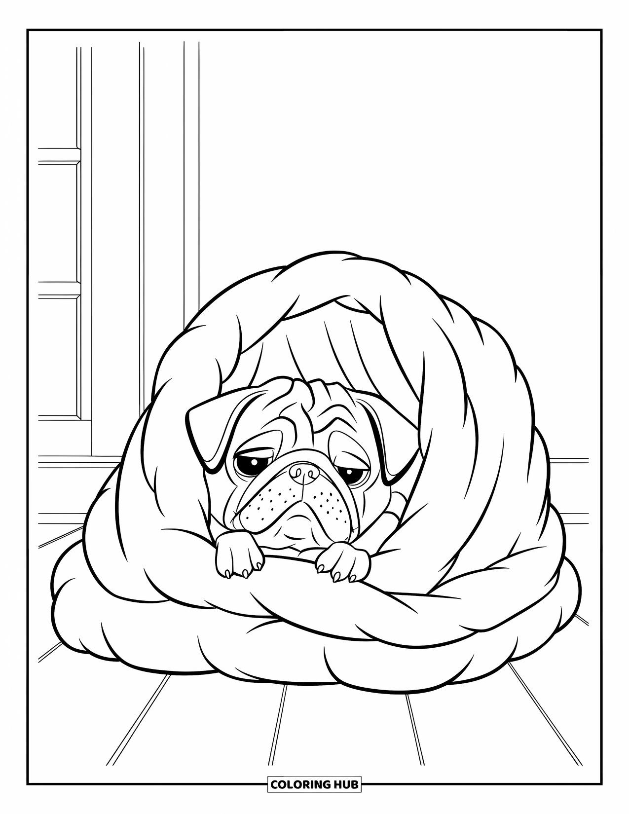 Desenho de Pug para Colorir para Crianças: Um pug aconchegante se aninha dentro de um cobertor fofo, espiando sonolento em um piso de madeira