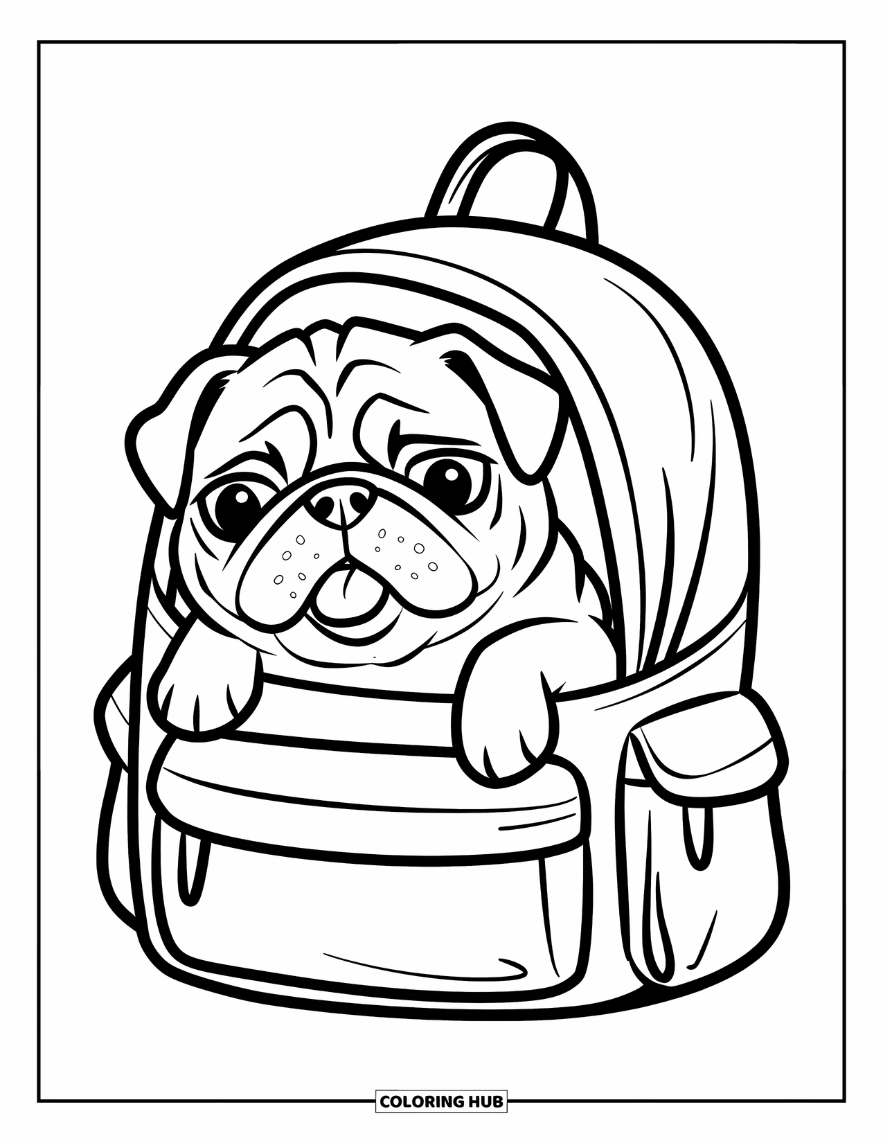 Desenho de Pug para Colorir para Crianças: Um pug curioso espreita de uma mochila com a língua ligeiramente para fora