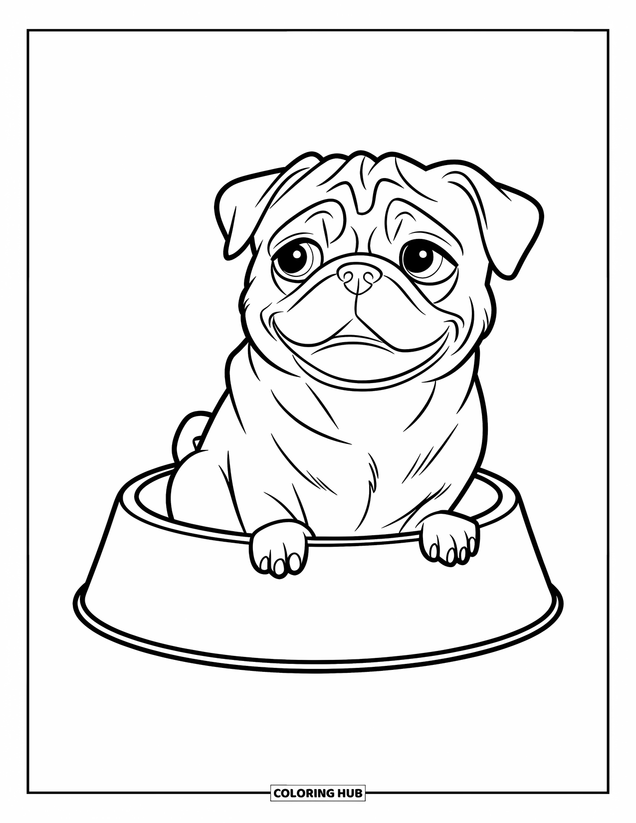 Desenho de Pug para Colorir para Crianças: Um pug curioso está sentado em uma tigela de cachorro, olhando alegremente para seus arredores