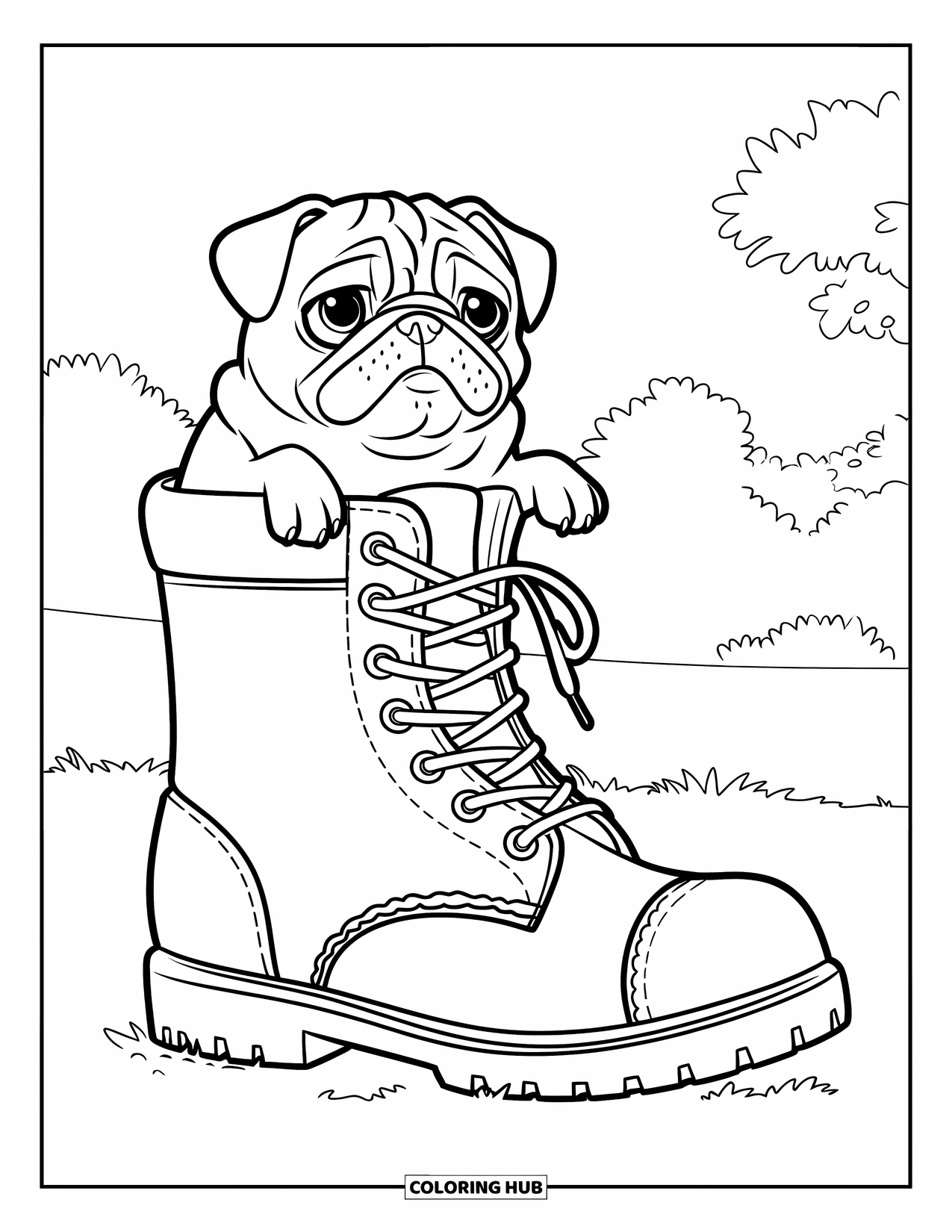 Desenho de Pug para Colorir para Crianças: Um pug curioso está sentado dentro de uma bota gigante, apoiando as patas na borda em um campo gramado