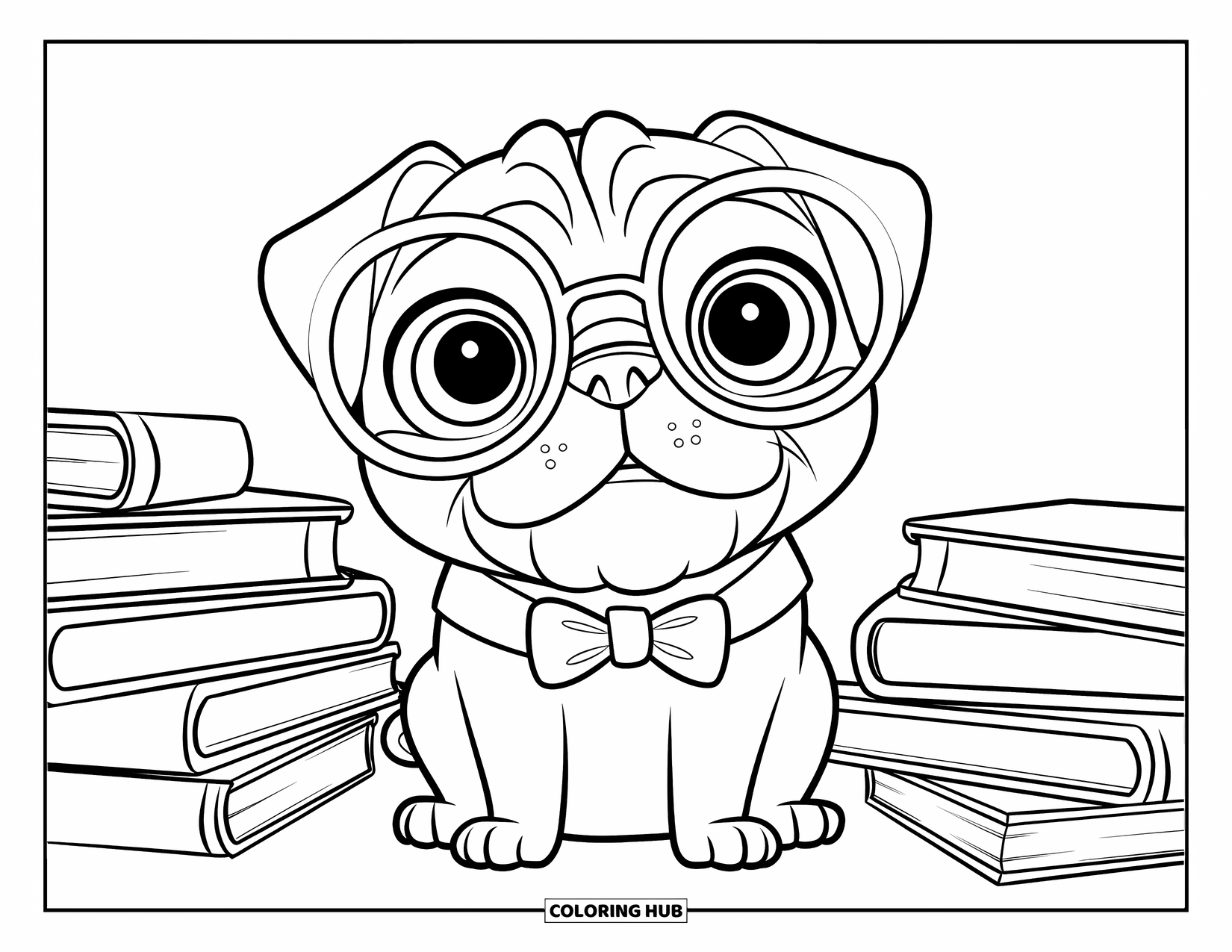 Desenho de Pug para Colorir para Crianças: Um pug curioso com óculos e uma gravata borboleta está sentado entre pilhas de livros, parecendo estudioso