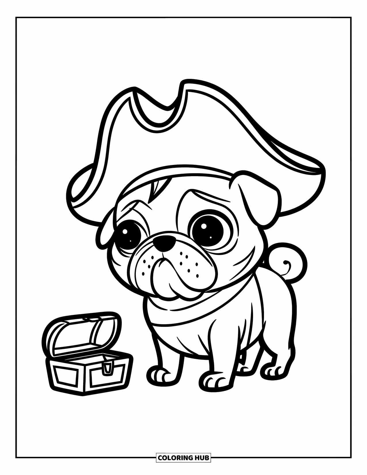 Desenho de Pug para Colorir para Crianças: Um pug fofo vestido como um pirata está orgulhosamente em pé ao lado de um pequeno baú de tesouro