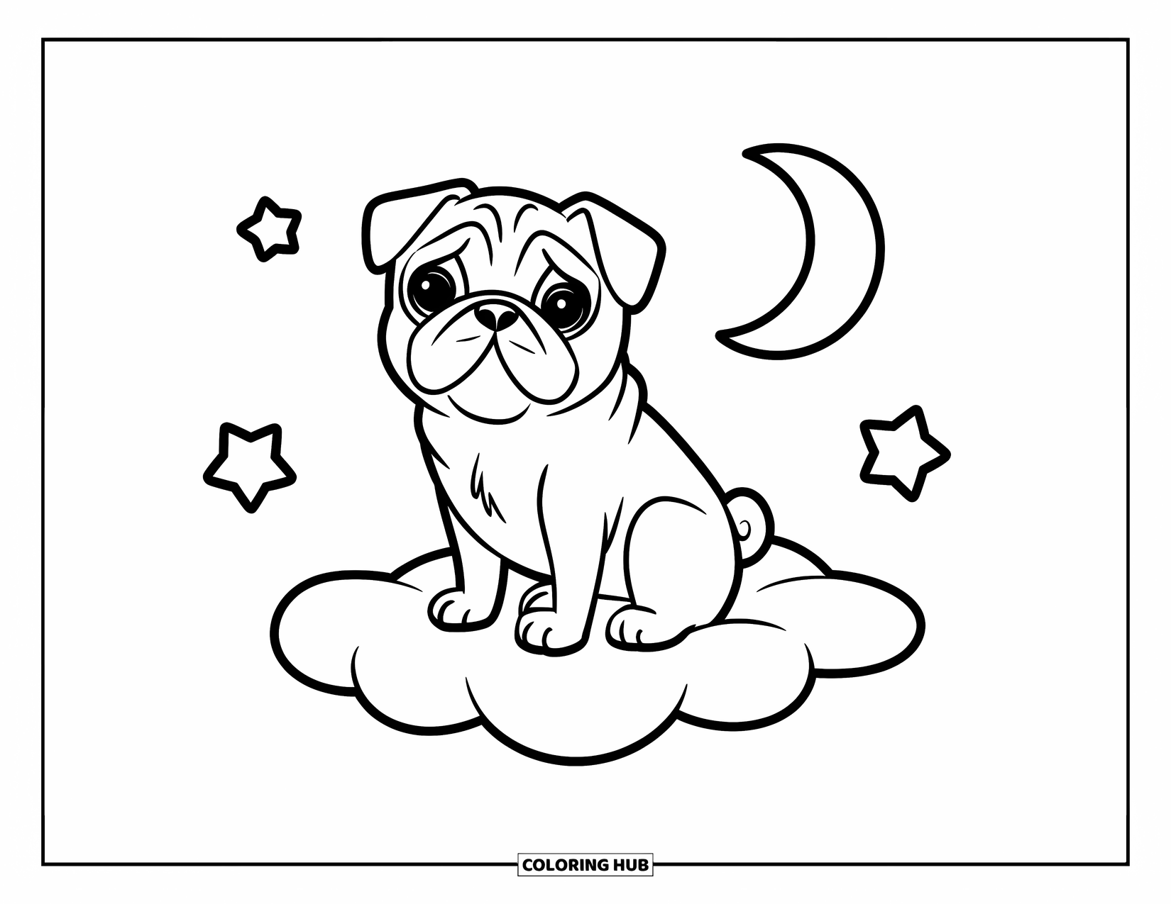 Desenho de Pug para Colorir para Crianças: Um pug sonhador flutua em uma nuvem fofa sob estrelas cintilantes