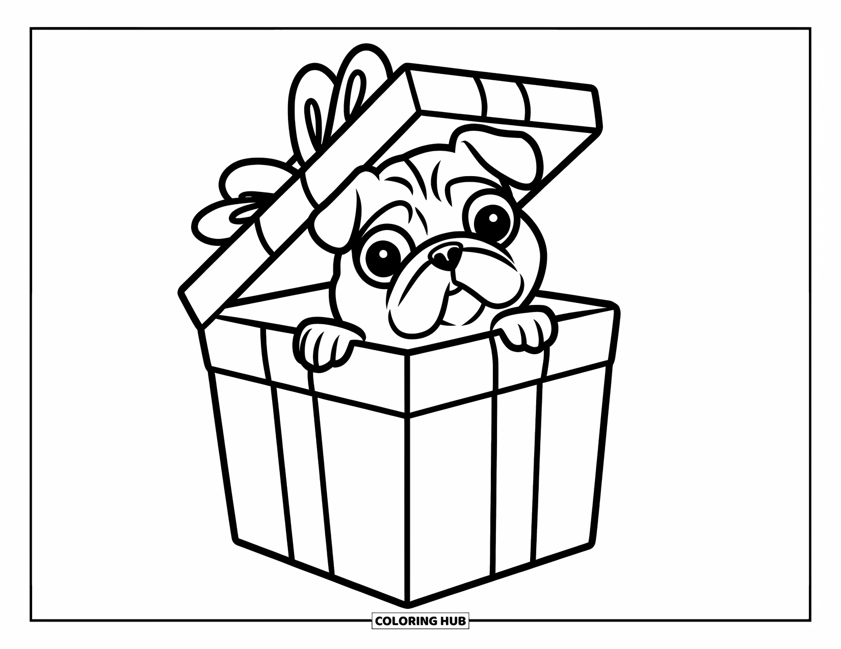 Desenho de Pug para Colorir para Crianças: Um pug fofo com olhos grandes espreita para fora de uma grande caixa de presente com um laço em cima