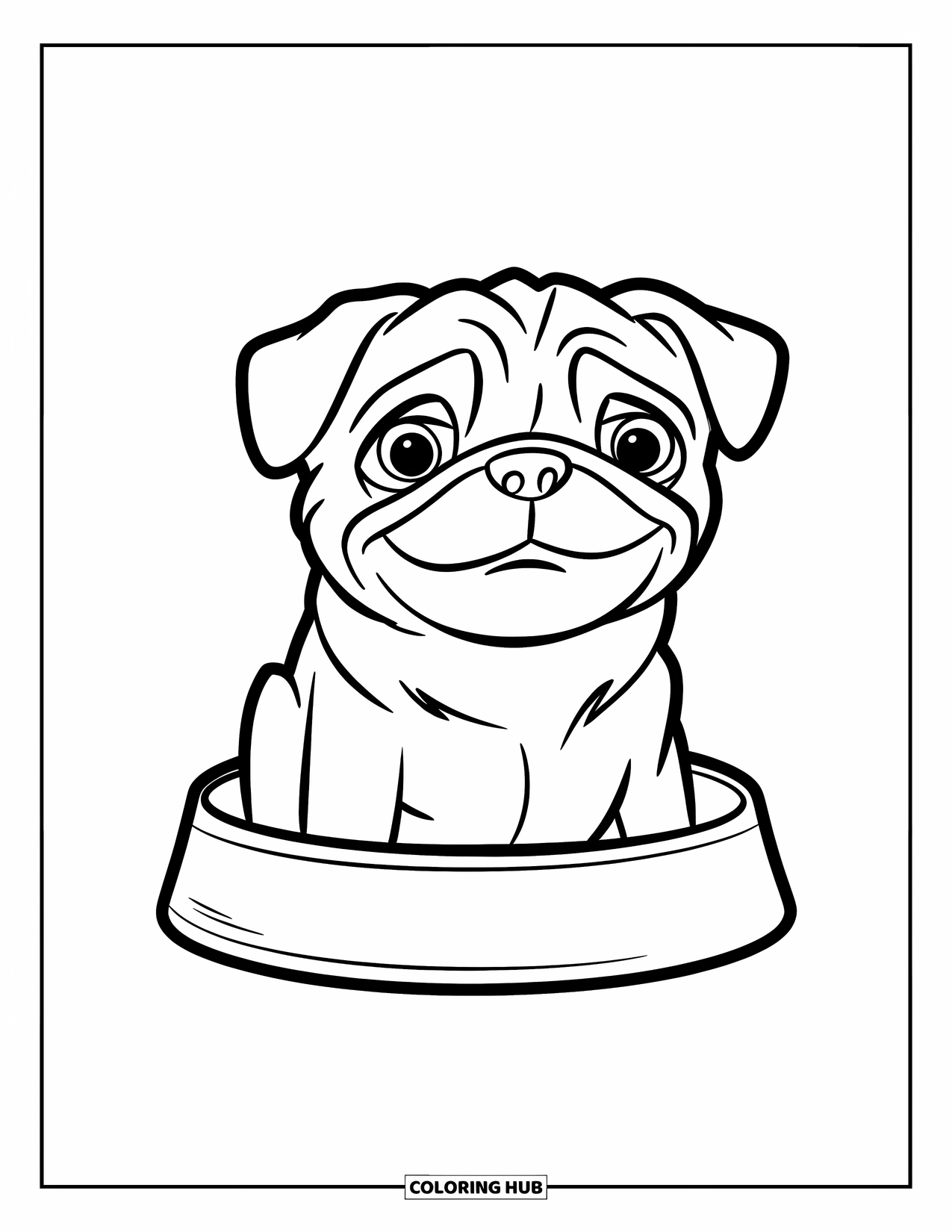 Desenho de Pug para Colorir para Crianças: Um pug amigável espreita de dentro de uma tigela de cachorro, pronto para a diversão da hora da refeição