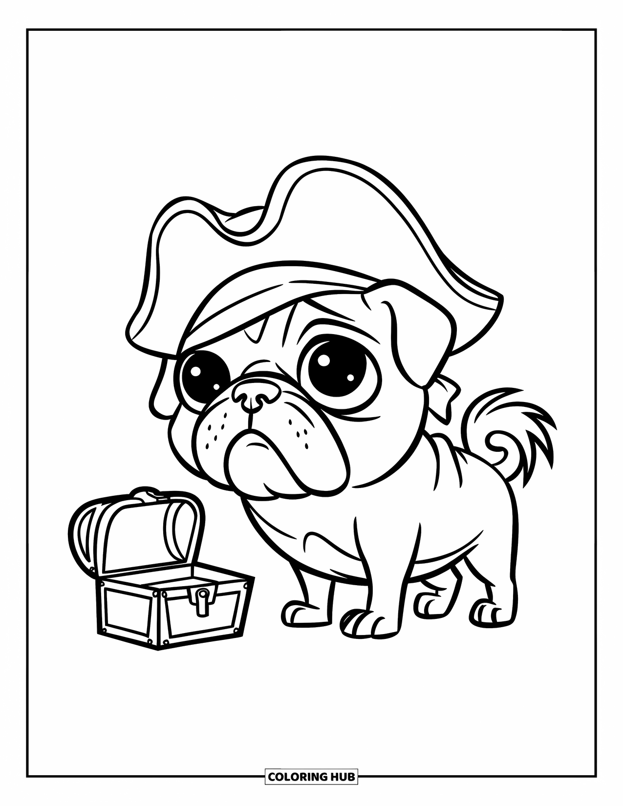 Desenho de Pug para Colorir para Crianças: Um pug peludo com um chapéu de pirata está perto de um pequeno baú de tesouro, pronto para a aventura
