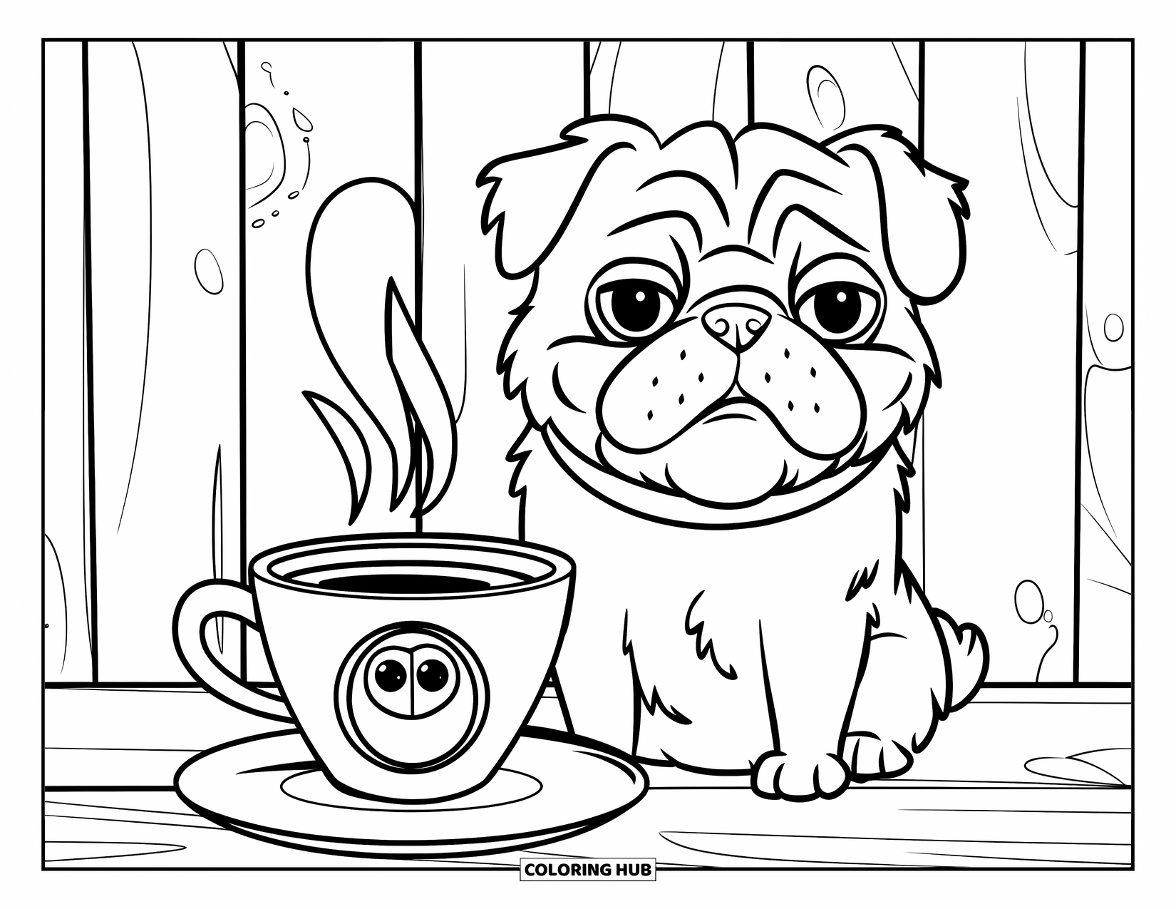 Desenho de Pug para Colorir para Crianças: Um pug feliz está sentado ao lado de uma xícara de café fumegante, apoiado em uma mesa de madeira rústica