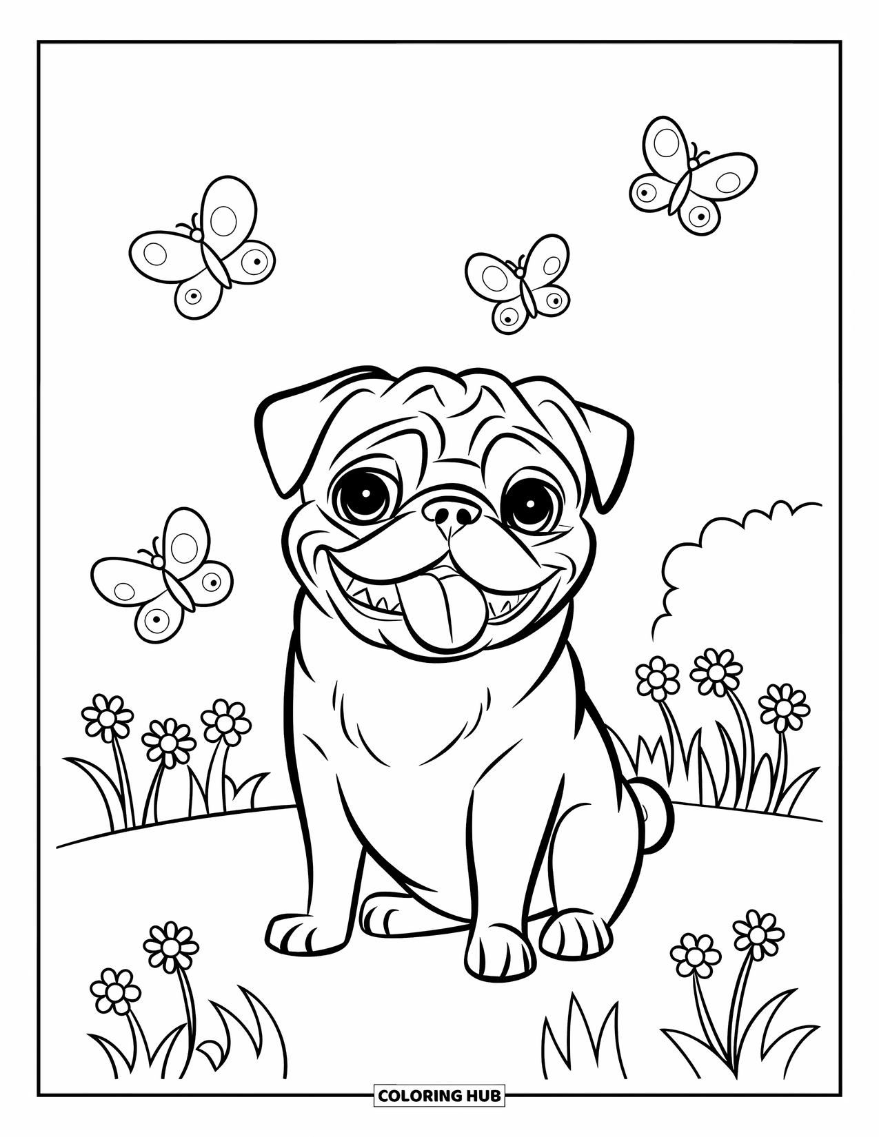Desenho de Pug para Colorir para Crianças: Um pug feliz está sentado em um jardim, cercado por flores e borboletas esvoaçantes
