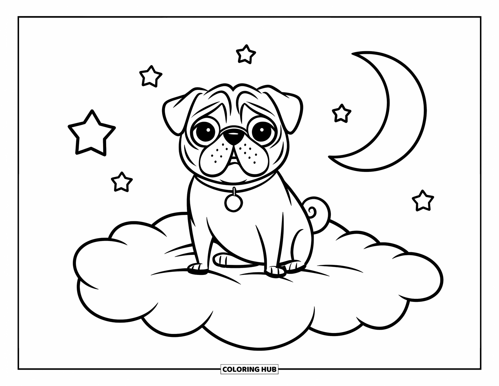 Desenho de Pug para Colorir para Crianças: Um pug feliz está sentado em uma nuvem flutuante, cercado por estrelas e uma lua crescente