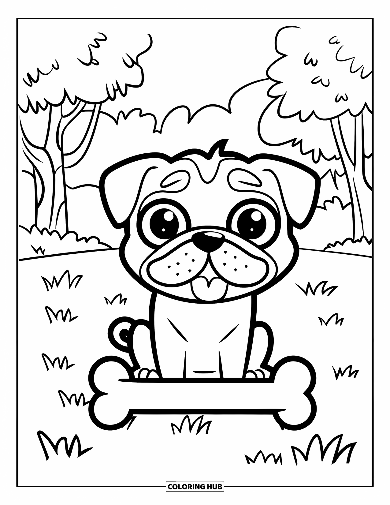 Desenho de Pug para Colorir para Crianças: Um pug alegre está sentado em um campo com um osso, cercado por árvores e nuvens fofas