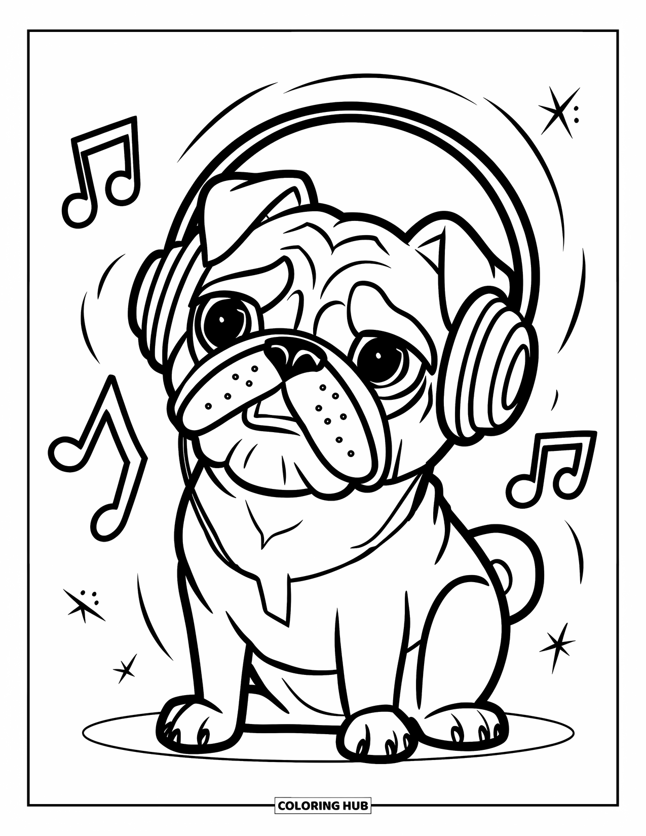 Desenho de Pug para Colorir para Crianças: Um pug amante da música ouve com fones de ouvido, balançando a cabeça alegremente no ritmo