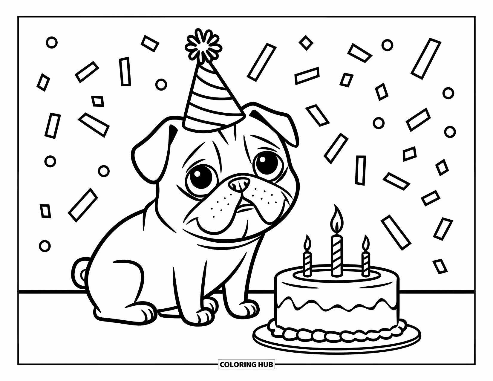 Desenho de Pug para Colorir para Crianças: Um pug pronto para a festa usa um chapéu festivo e está sentado ao lado de um bolo de aniversário com uma vela