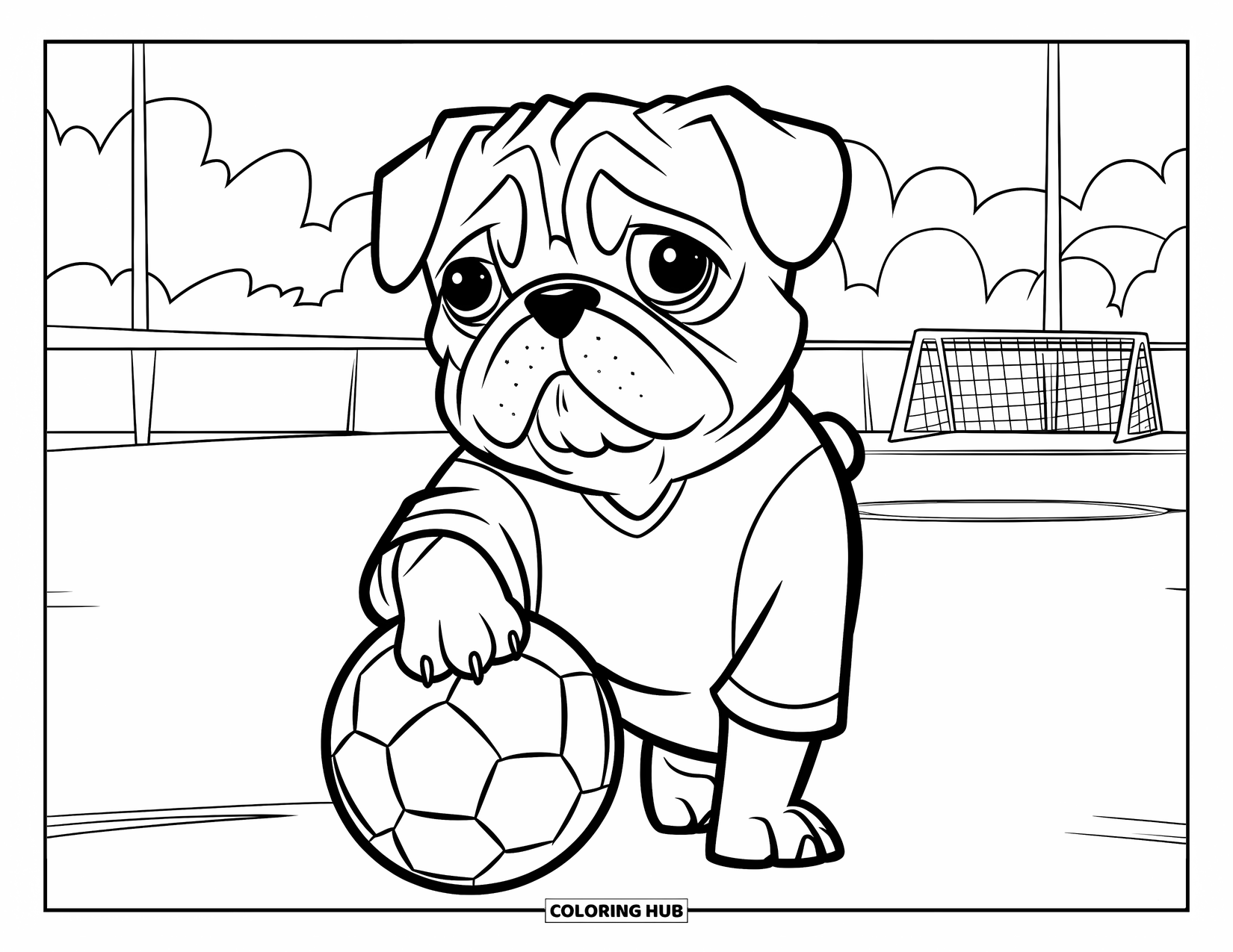 Desenho de Pug para Colorir para Crianças: Um pug brincalhão em uma camisa posa com uma bola de futebol perto de balizas e espectadores torcendo