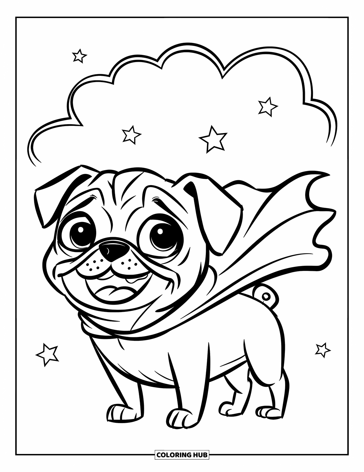 Desenho de Pug para Colorir para Crianças: Um pug brincalhão em uma capa de super-herói sorri confiantemente, cercado por estrelas e uma nuvem