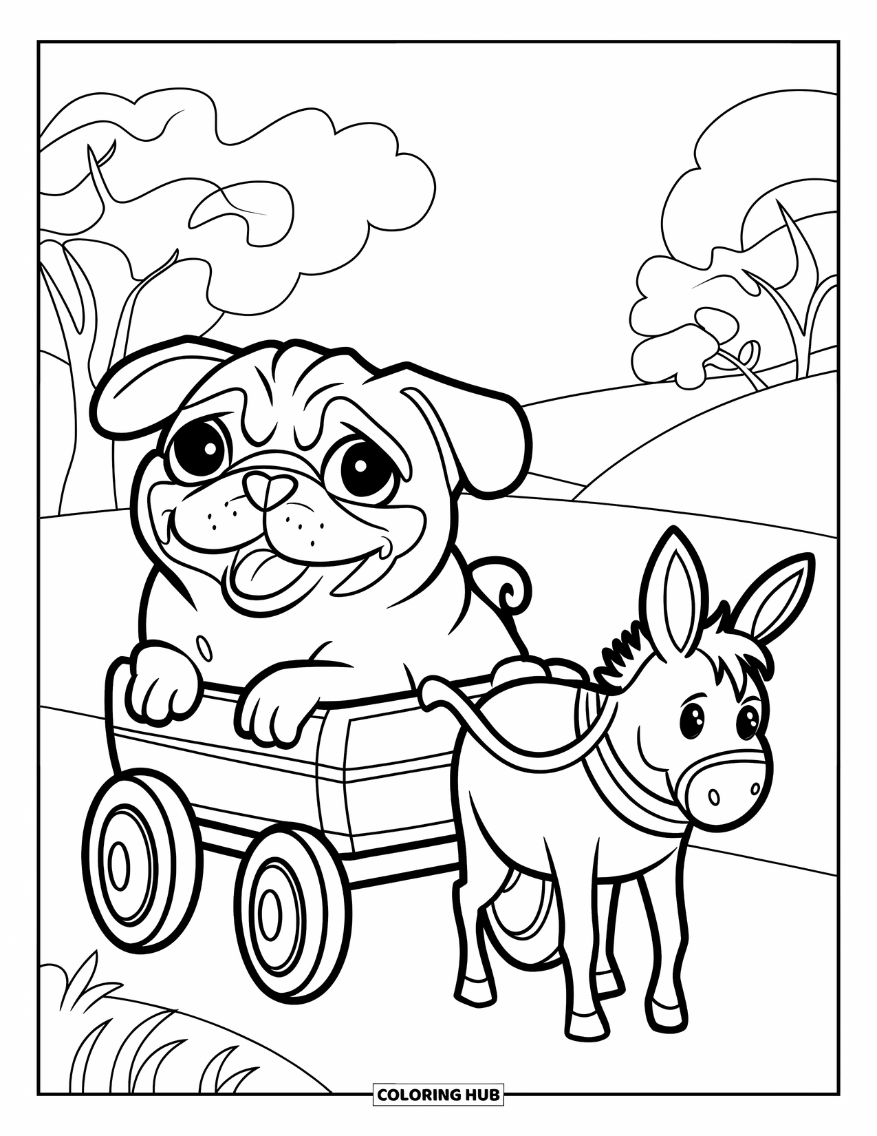 Desenho de Pug para Colorir para Crianças: Um pug brincalhão passeia em uma carroça puxada por um burro, cercado por árvores e colinas