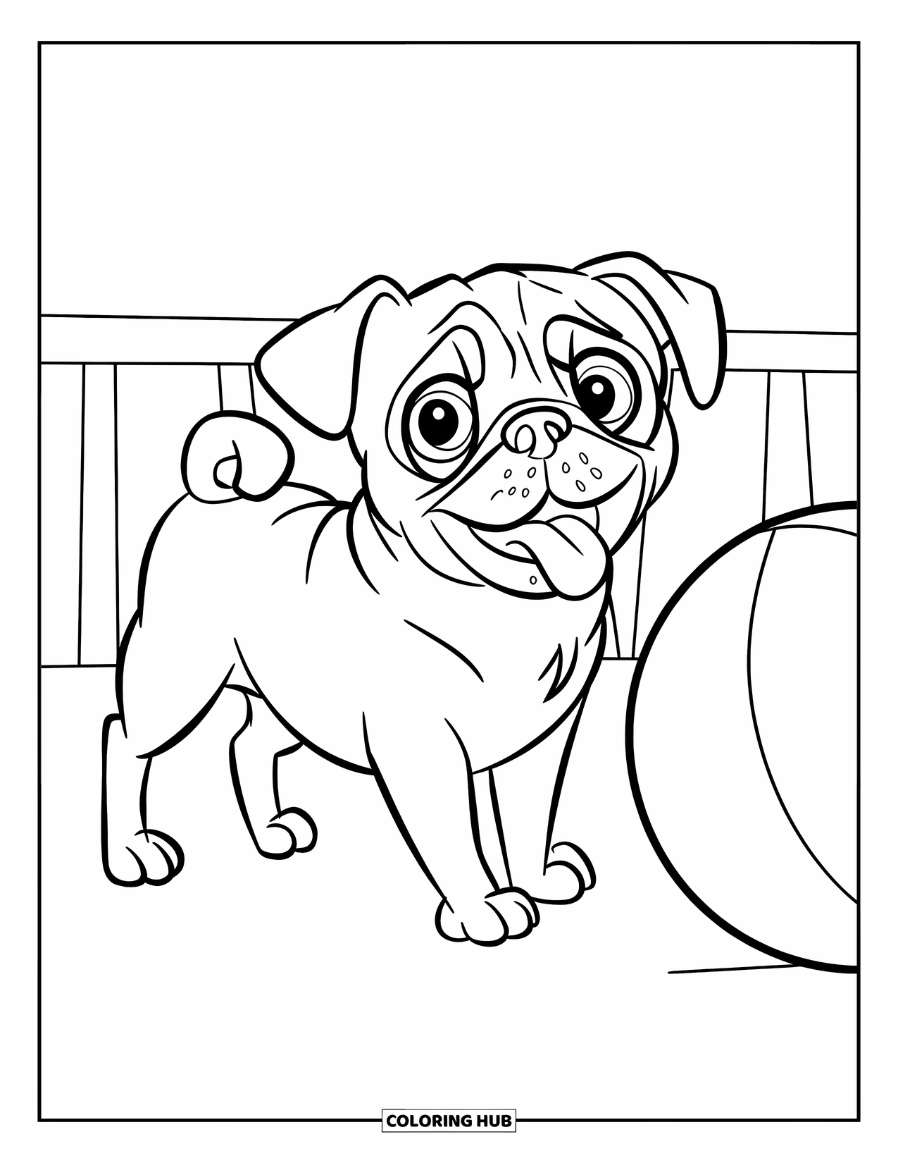 Desenho de Pug para Colorir para Crianças: Um pug brincalhão abana o rabo enquanto está em pé ao lado de uma bola grande, pronto para a diversão