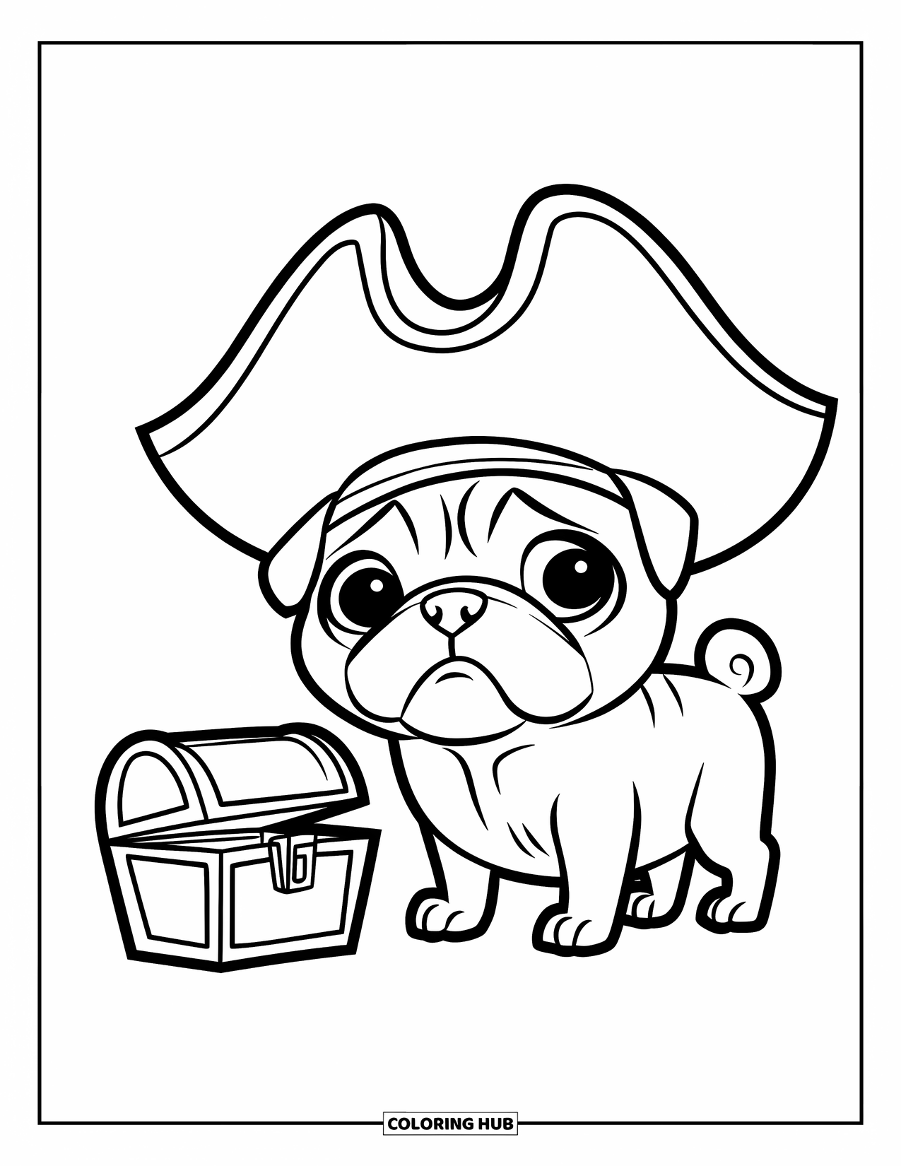 Desenho de Pug para Colorir para Crianças: Um pug brincalhão usa um chapéu de pirata e guarda um pequeno baú de tesouro