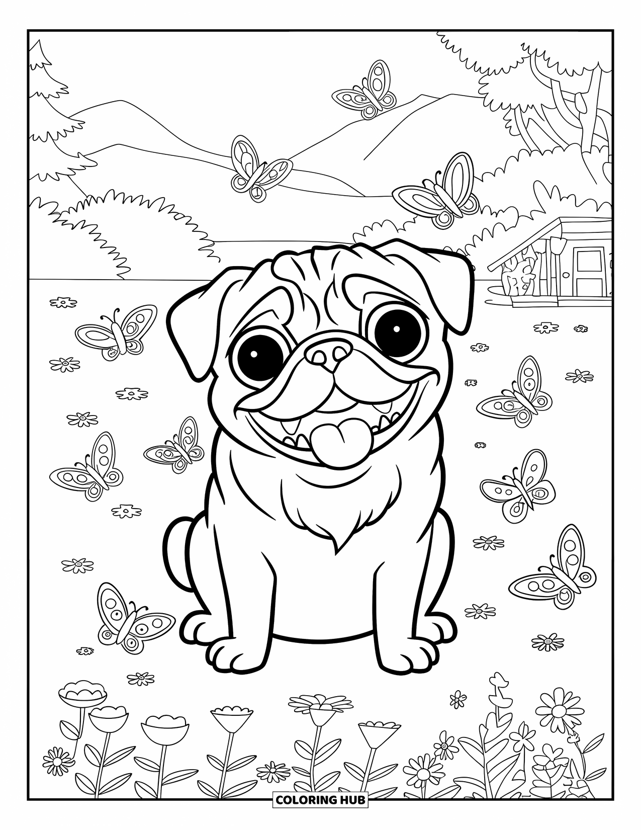 Desenho de Pug para Colorir para Crianças: Um pug brincalhão com a língua para fora desfruta de um jardim tranquilo com flores e borboletas