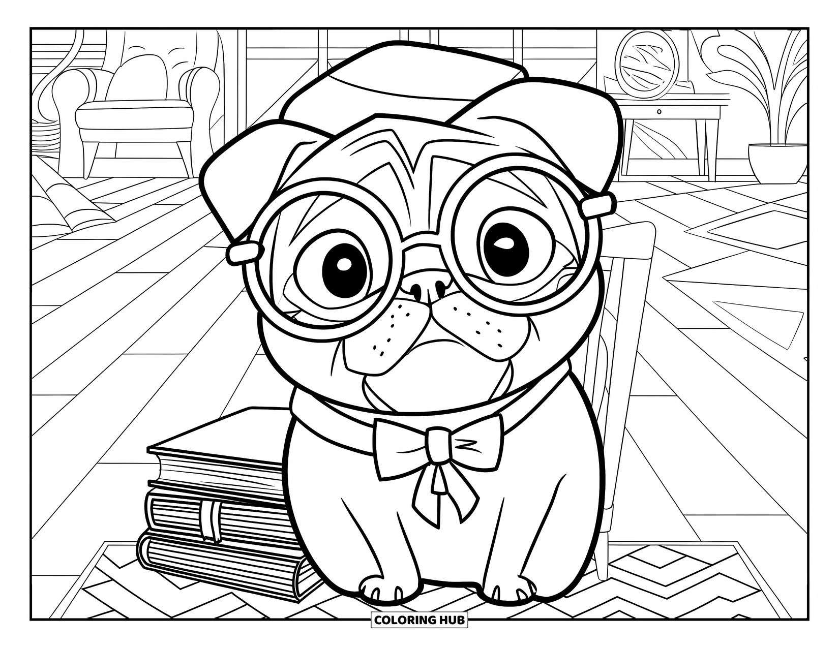 Desenho de Pug para Colorir para Crianças: Um pug de óculos e gravata borboleta está sentado em um quarto aconchegante com livros, uma lâmpada e um tapete